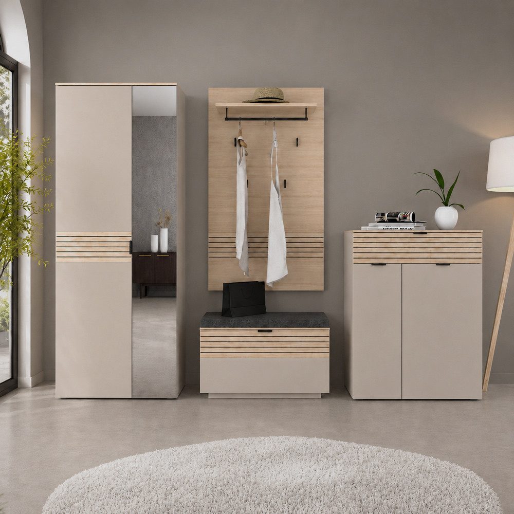 Lomadox Garderoben-Set ISCHIA-36, (Spar-Set, 4-St., Schrank Garderobenpaneel Schuhbank Schuhkommode), in Beige mit Eiche, Lamellenoptik