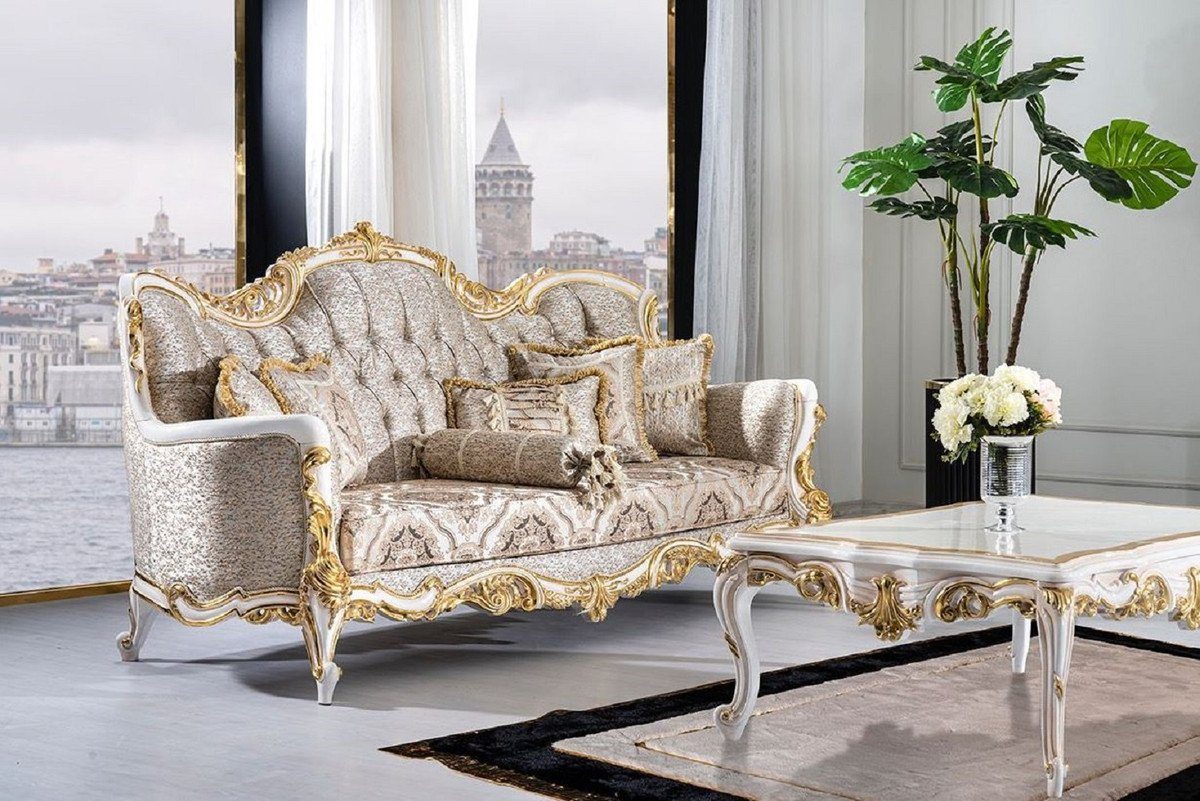 Casa Padrino Sofa Casa Luxus Beige Luxus - Glitzersteinen Schwarz Prunkvolles Silber / Weiß Wohnzimmer Barockstil Barock Padrino - Barock Einrichtung - Sofa Sofa / Barockstil im Wohnzimmer Möbel Möbel mit / Gold / 