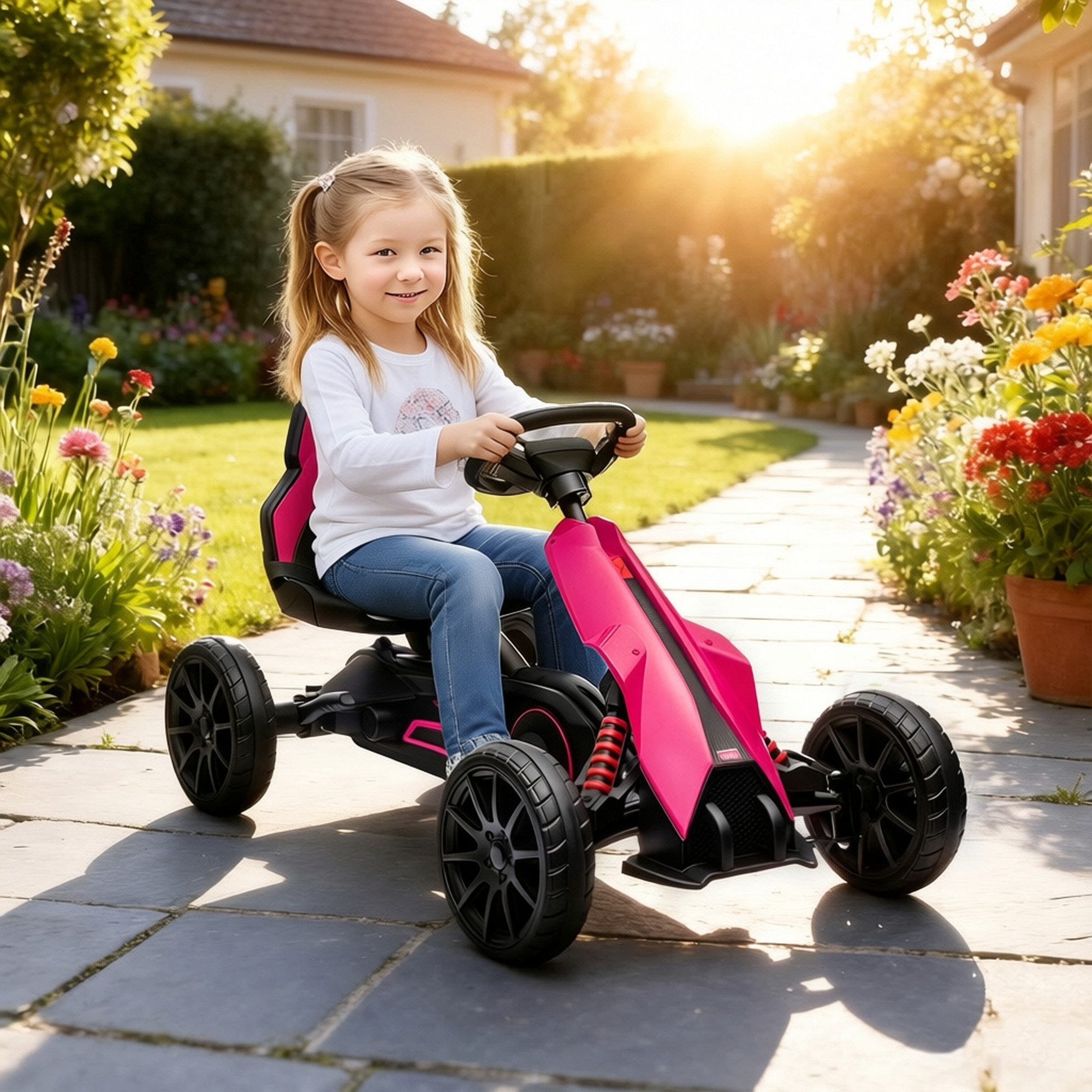 HOMCOM Go-Kart Tretauto mit Handbremse, verstellbarem Sitz, Tretfahrzeug, für Kinder, Rosa