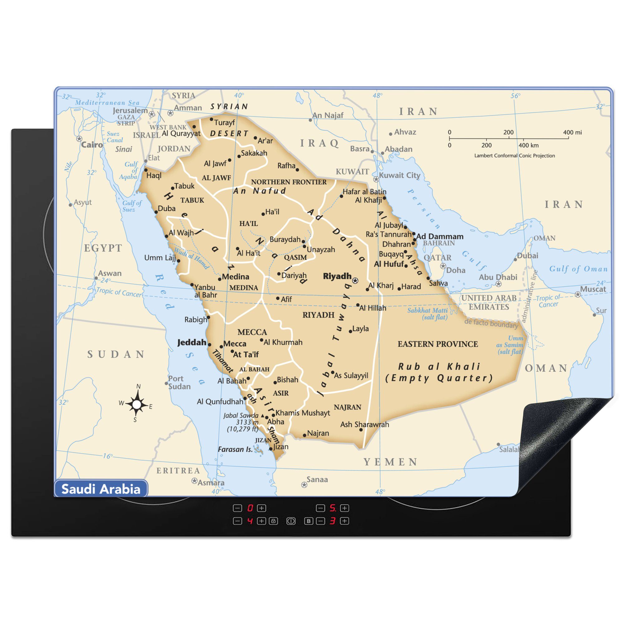 MuchoWow Herdblende-/Abdeckplatte Eine Illustration der Karte von Saudi-Arabien, Vinyl, (1 tlg), 70x52 cm, Mobile Arbeitsfläche nutzbar, Ceranfeldabdeckung
