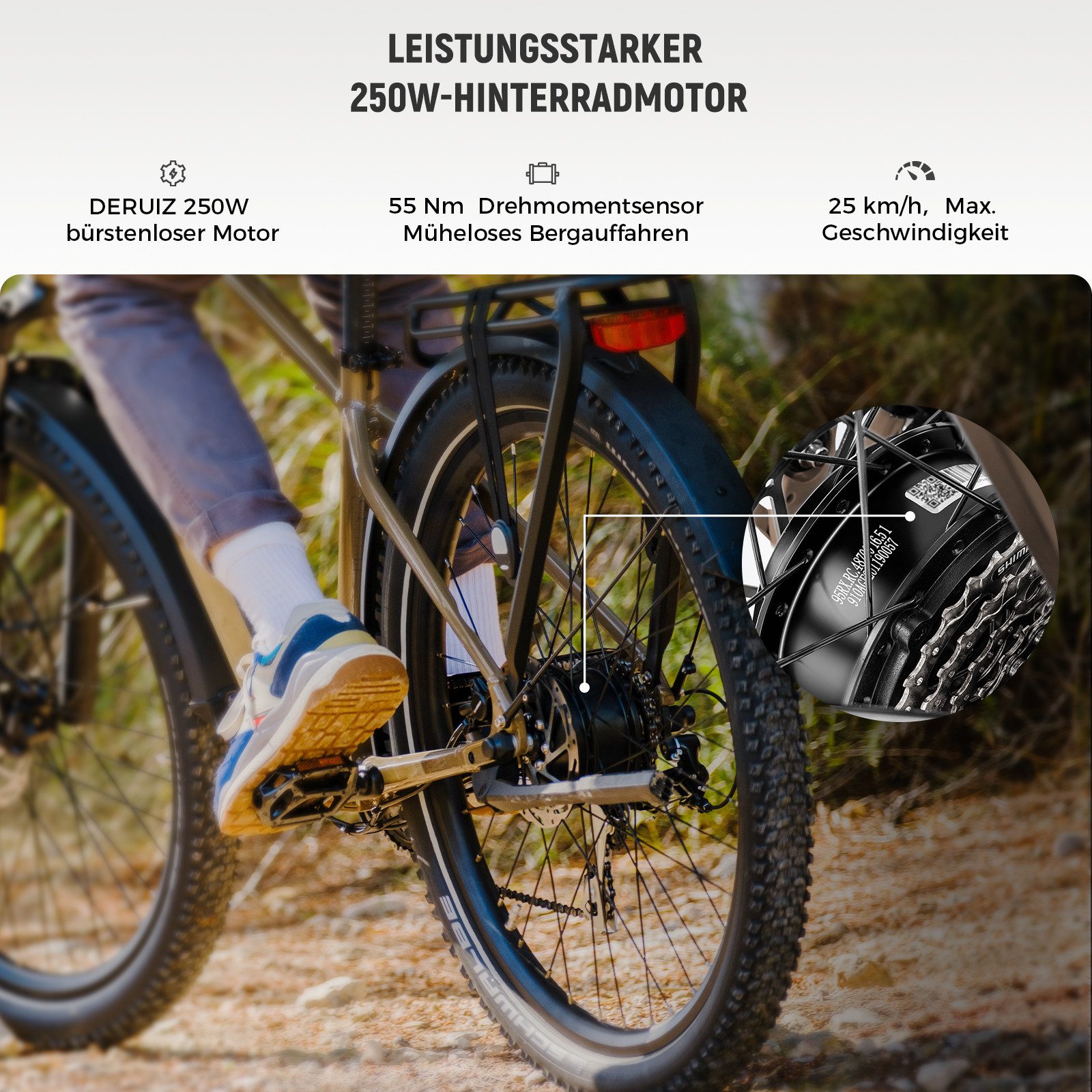 DERUIZ E-Bike Mountainbike Marble SUV 27,5 Zoll, bis 161 km, Drehmomentsensor, Damen & Herren, 8 Gang SHIMANO Shimano Acera RD-M360 SGS Schaltwerk, Kettenschaltung, Heckmotor, 644 Wh, (5 Stufen,Lockout-Federgabel,LCD-Farb-Display,100 Lux Frontlicht), Tektro hydraulische Scheibenbremsen (180 mm vorn / 160 mm hinten)
