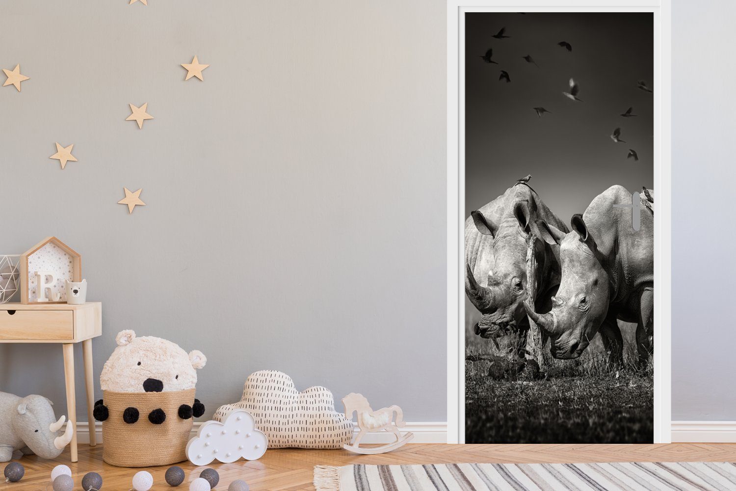 Landschaft Tiere - für Türaufkleber, (1 - MuchoWow - - bedruckt, Vogel Tür, St), Schwarz-Weiß, cm Nashorn Matt, Türtapete Fototapete 75x205