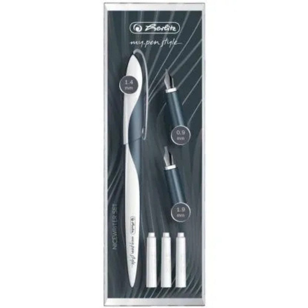 Herlitz Füllfederhalter HERLITZ Geschenkset Nicewriter Dark Shale, (Packung, 1-tlg., my-pen style), Inkl. 3 Kalligrafie-Spitzen