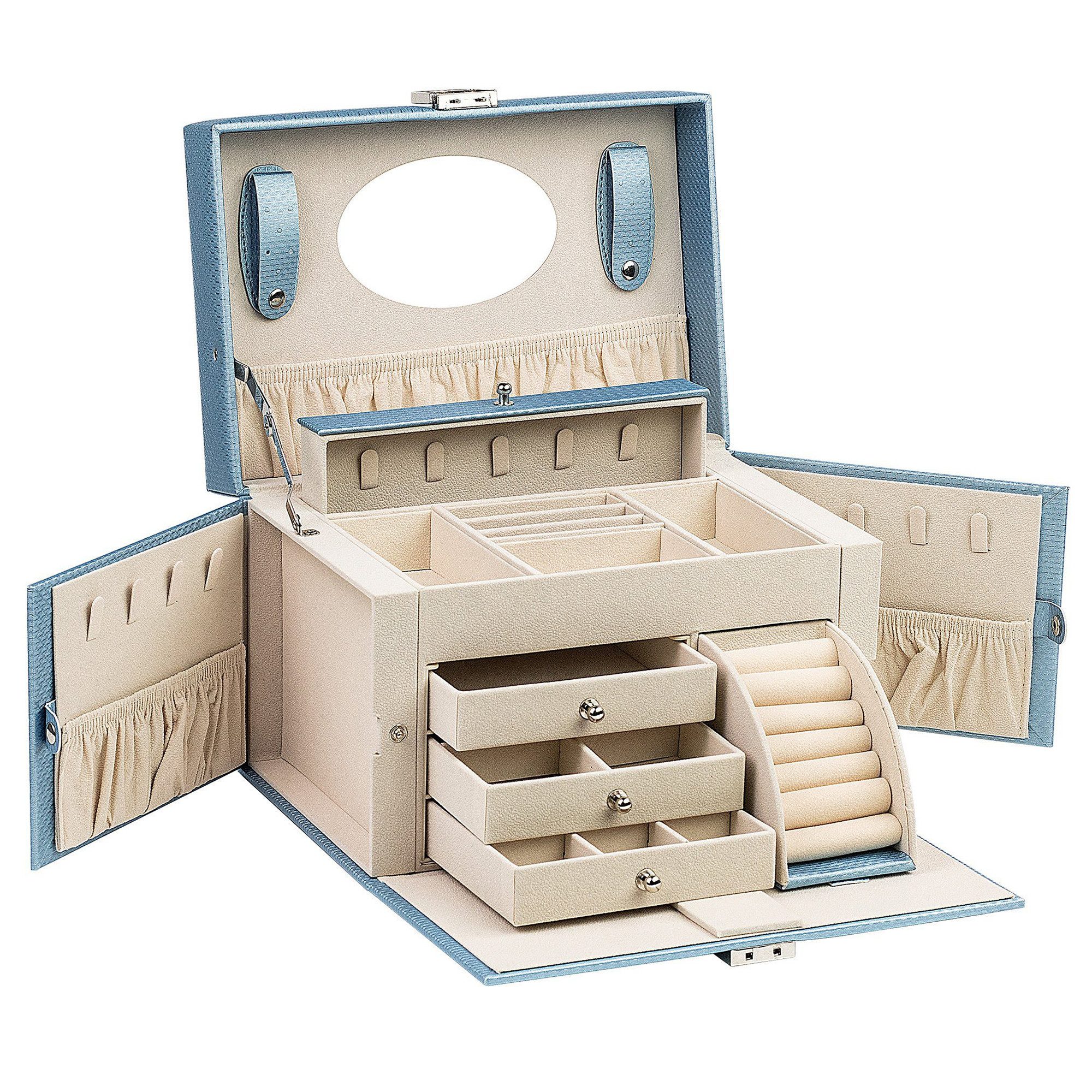 AdelDream Schmuckkasten Luxus-Schmuckkästchen, Schmuckkoffer, abschließbar, 4 Ebenen mit 3 Schubladen
