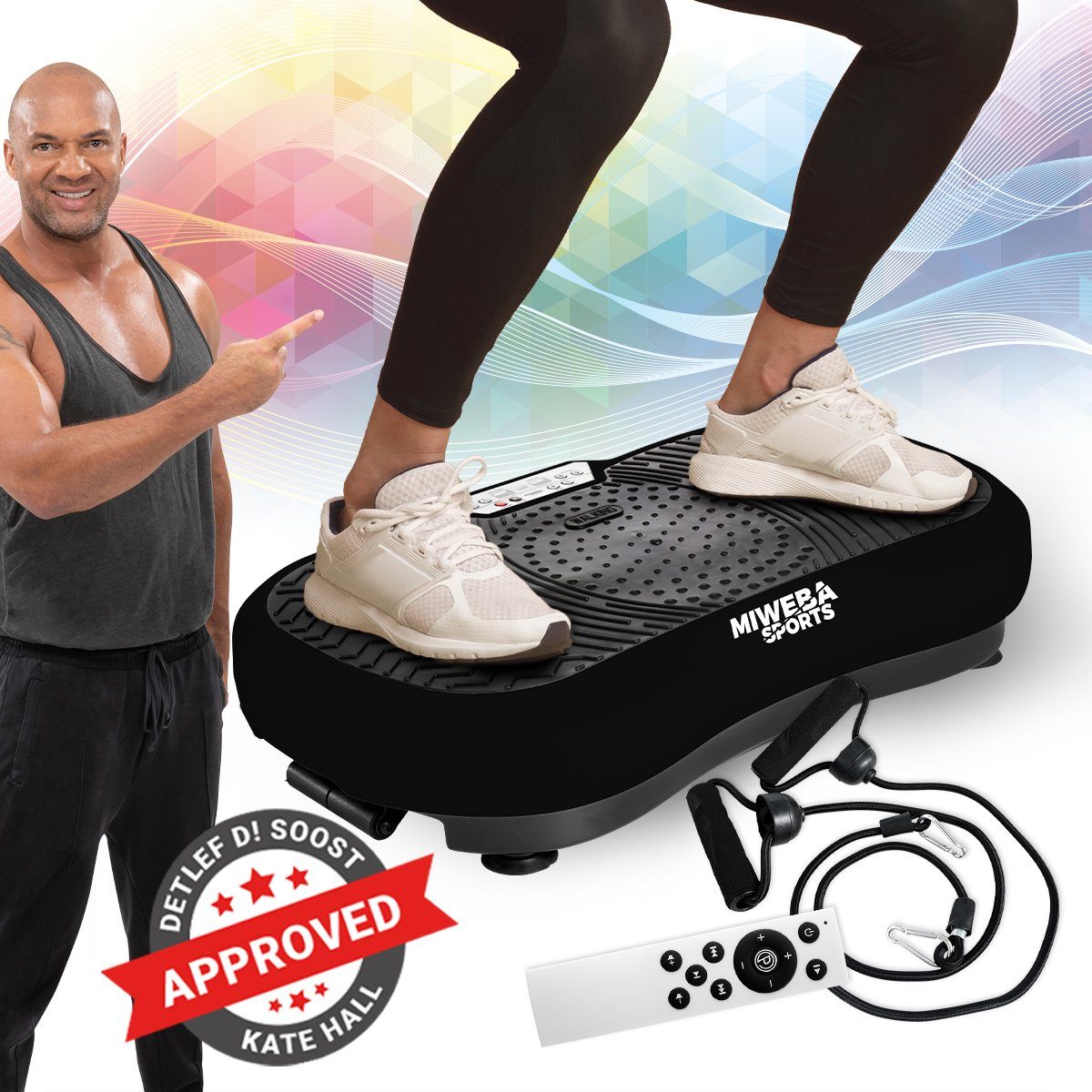 Miweba Sports Vibrationsplatte Vibrationsboard MV100 inkl. Fernbedienung - 2D-Vibration, 250 W, 99 Intensitätsstufen, (150 kg max. Benutzergewicht, Bluetooth, 10 Programme, extra breite Trittfläche, LED-Display, 12,5 kg Leichtgewicht, Poster & Widerstandsbänder, Ganzkörpertraining, Fettverbrennung, Trainingsgerät, Sportgeräte Fitnessgeräte für Zuhause, 3 tlg), 3 J. Garantie - Vibrationstrainer Sportgerät Fitnessgerät