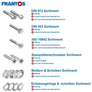 FRANTOS Unterlegscheibe Sicherungsscheiben und Sicherungsringe Sortiment in L-Boxx, M3 bis M10, Edelstahl A2 / Stahl 8.8 verzinkt, Sortimentskoffer 6225tlg.