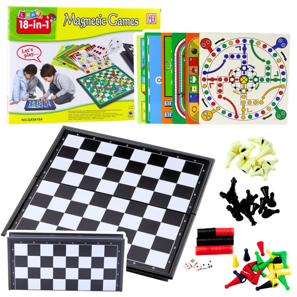 LEAN TOYS Spielesammlung Brettspielsammlung Familienspiele Reisespiele, Magnetic Games 18 in 1, 18 Spiele, magnetisches Klappbrett, Reisebox