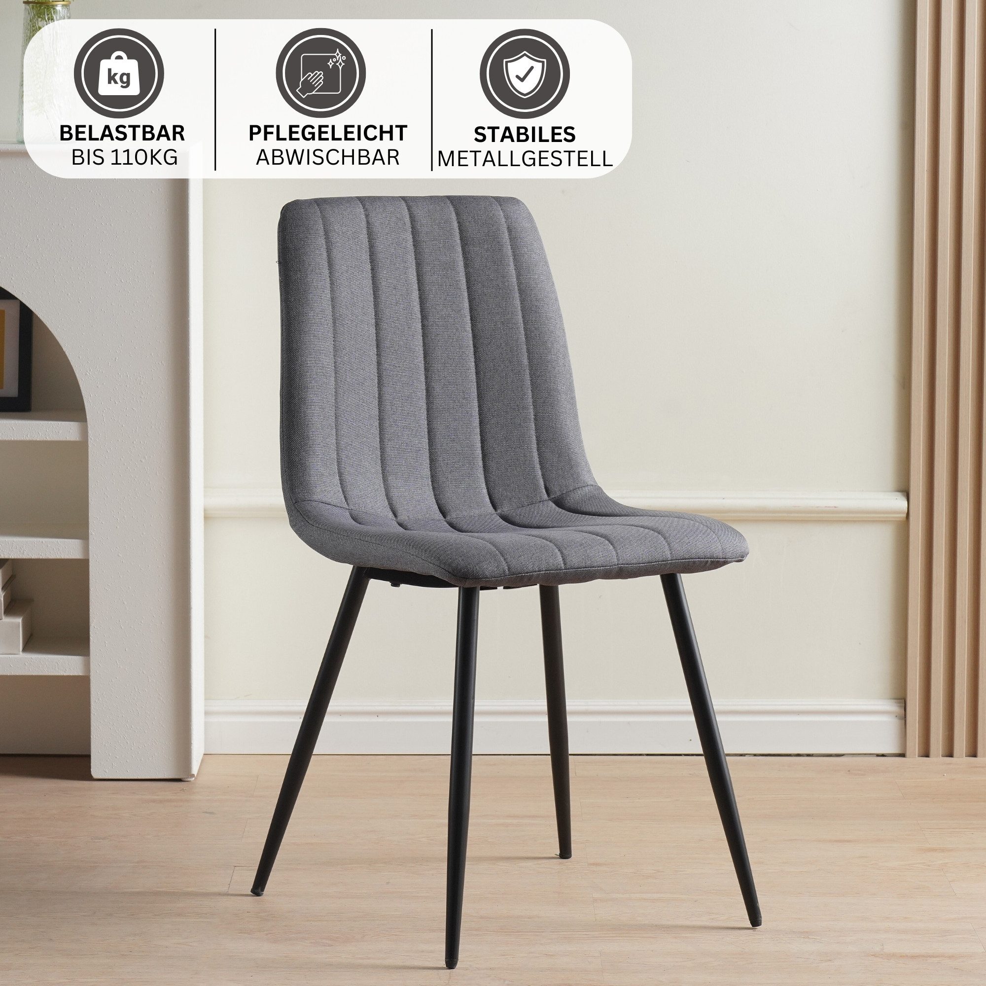Albatros International Esszimmerstuhl Esszimmer Stühle 4 er Set GARDA, Stuhl Stühle Esszimmerstühle, Küche (4er Set, Anthrazit, Stoff Bezug), Küchenstuhl Küchen – Bild 3 von 5