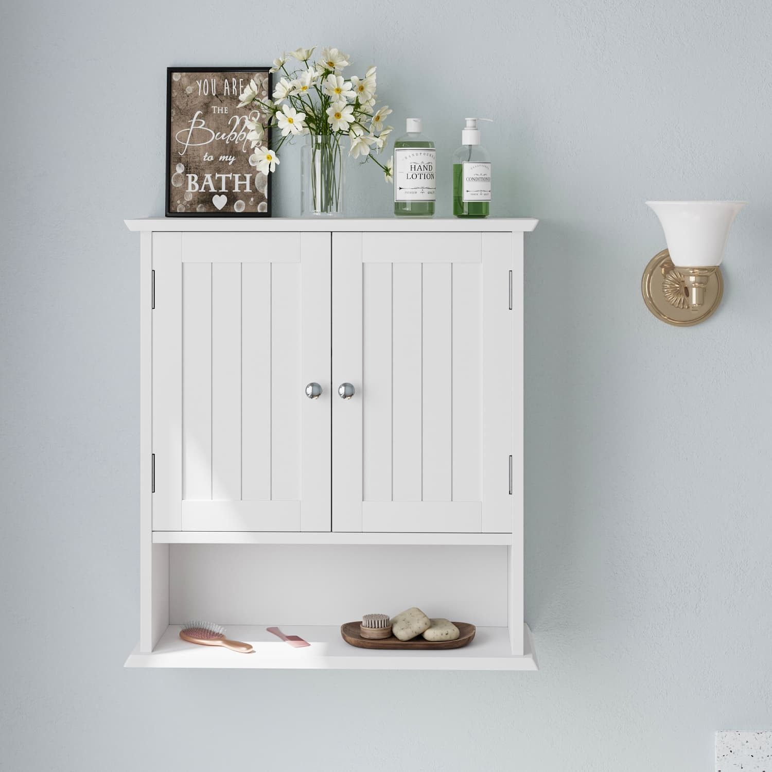 ANYSUN Hängeschrank Wandschrank mit Türen,Stauraum,Bad-Hängeschrank für Wäsche,Badezimmer Wäschekommode mit Wechselbare Trennwand,Drahtziehknopf,55x20x60cm, Hängeschränkchen