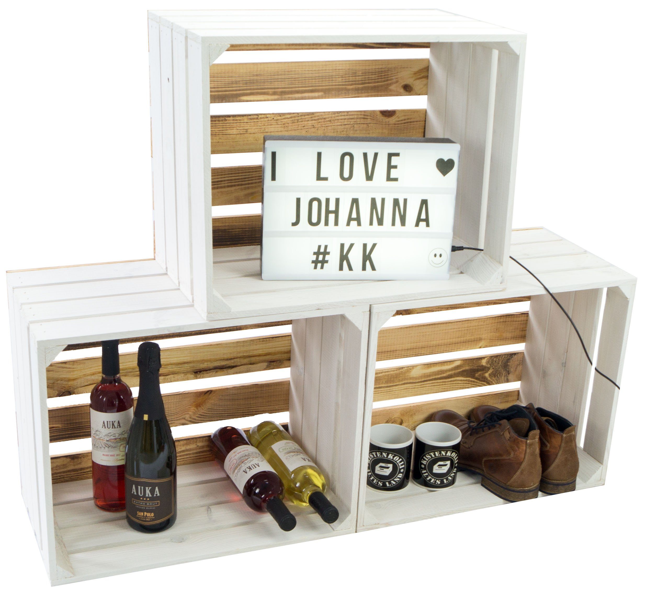 Kistenkolli Altes Land Allzweckkiste 3er set Obstkiste "Johanna" weiß mit geflammten Boden ohne (Spar-Set, 1er Set)