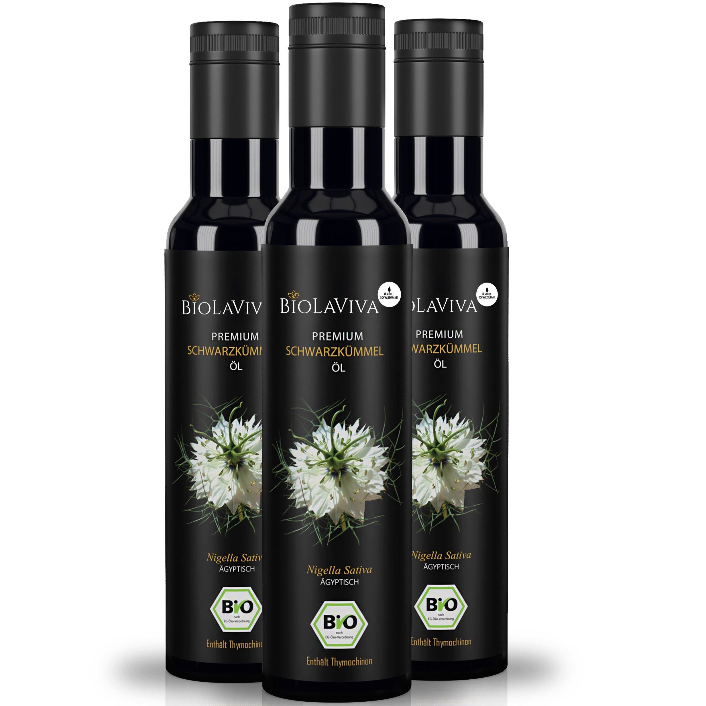 BIOLAVIVA Speiseöl 3× Bio Schwarzkümmelöl ungefiltert 250ml
