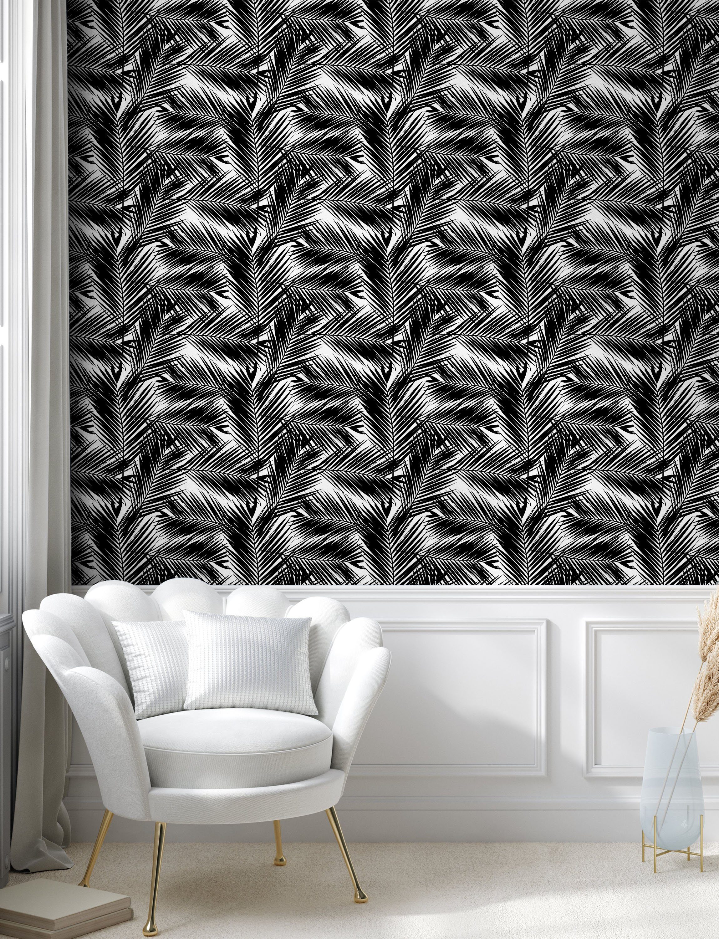 Abakuhaus Vinyltapete selbstklebendes Wohnzimmer Fan Palm weiß Küchenakzent, Leaves Schwarz und