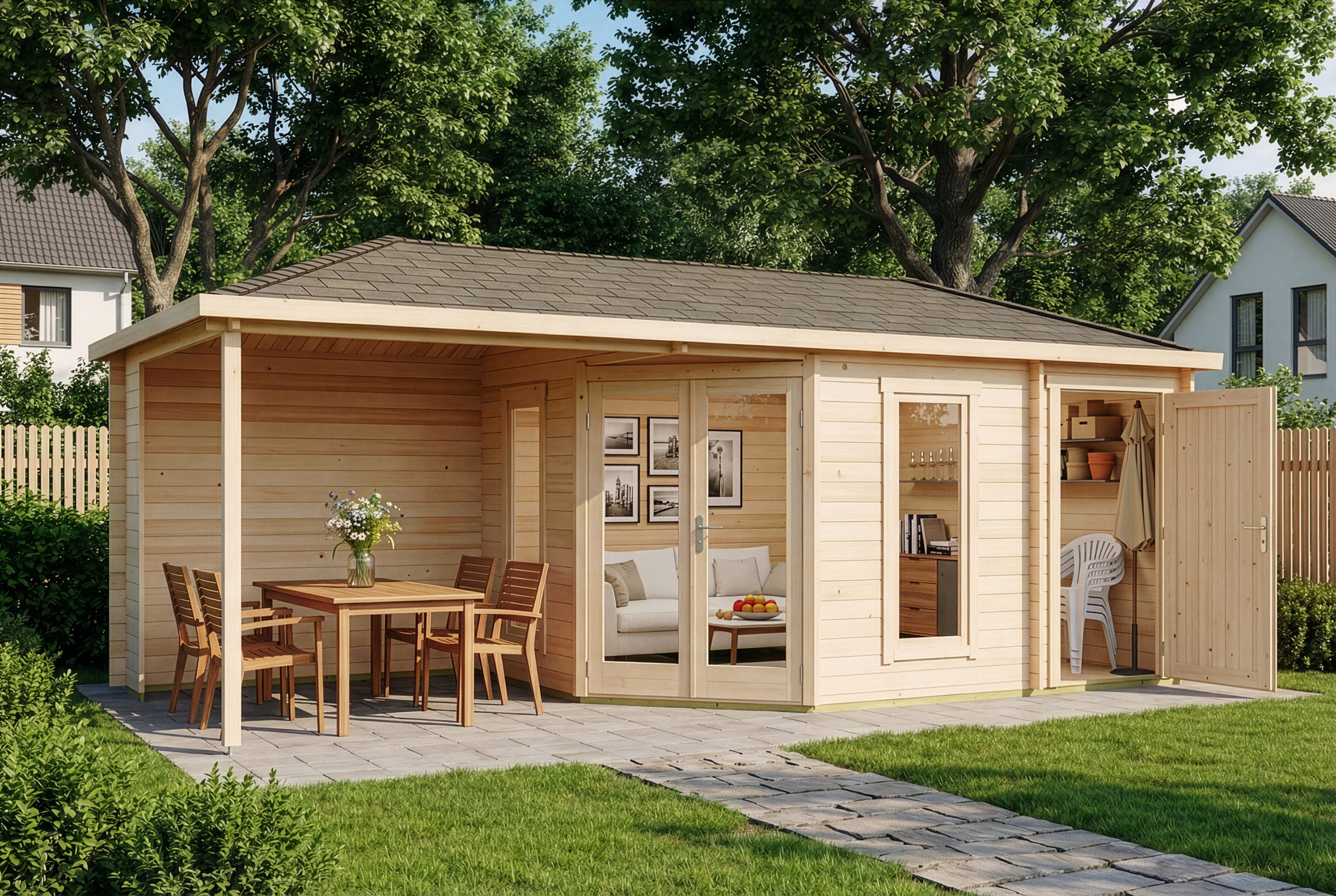 Alpholz Gartenhaus Holz 5-Eck Liwa mit Anbau, BxT: 728x317 cm, in Naturbelassen mit 28mm Wandstärke