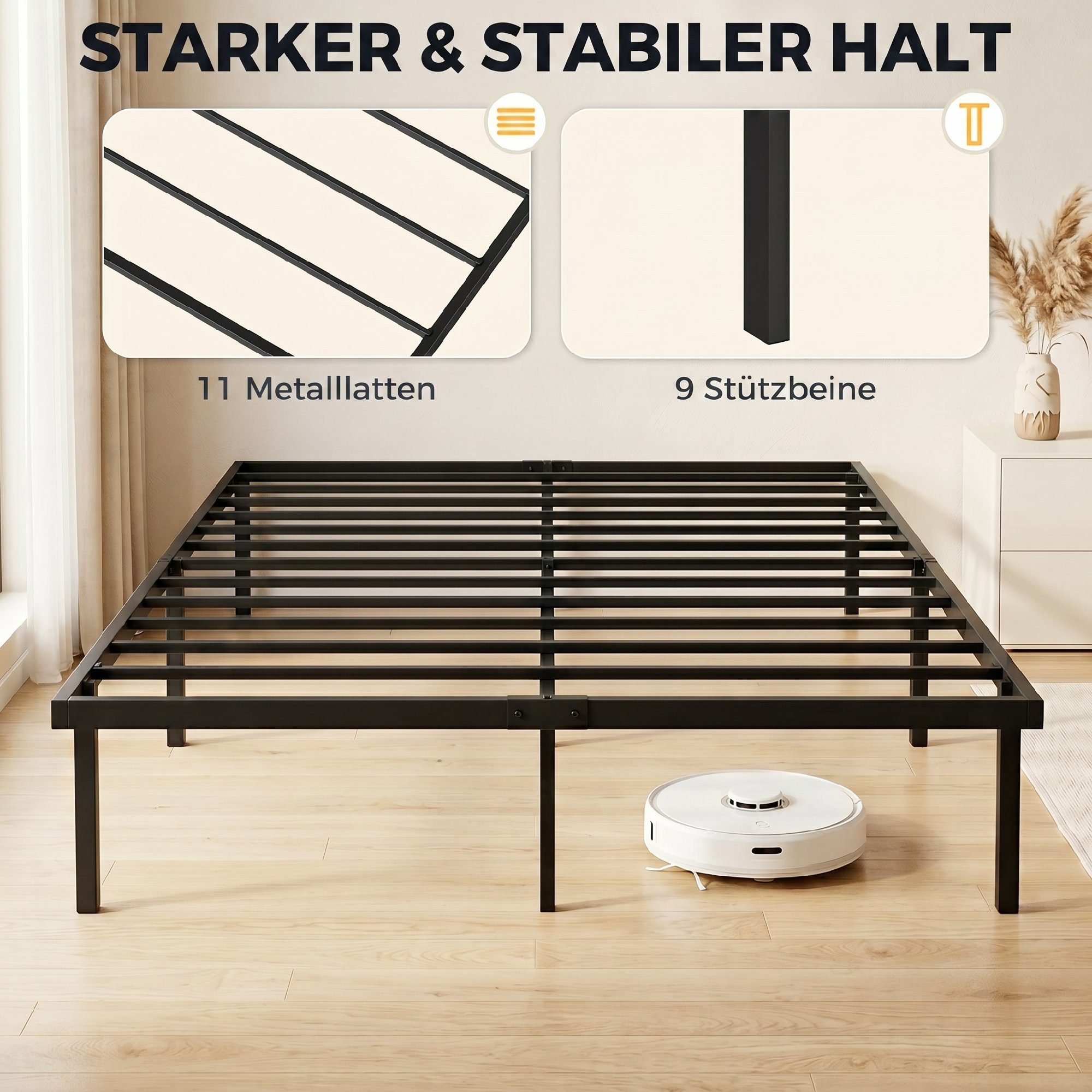 HOMCOM Bettgestell Metallbett mit Lattenrost (Set, 1-tlg., Bettgestell mit Lattenrost), Geräuscharmes, kopfteilloses Metallbett mit Stauraum – Bild 4 von 5