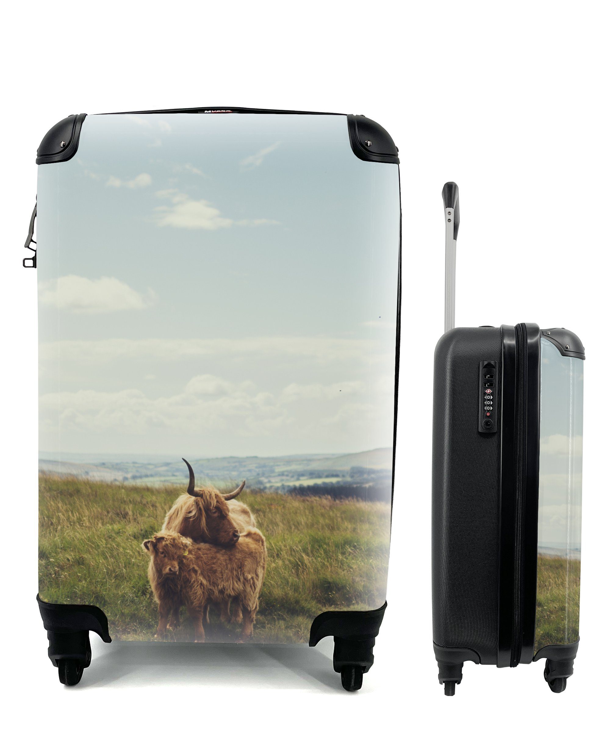 rollen, mit Tiere, 4 Reisetasche Rollen, Schottische Reisekoffer MuchoWow Trolley, für Handgepäck - Gras Handgepäckkoffer Ferien, Highlander - - Wolken