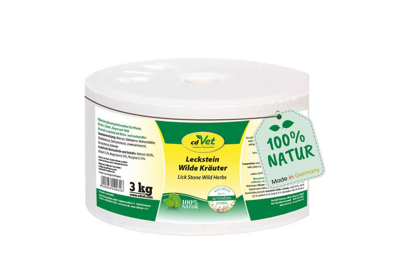 cdVet Leckstein Wilde Kräuter 3 kg, Ergänzungsfutter für: Ziegen, Rinder, Kamele, Pferde, Alpakas, Schafe, Darmstärkung für ein wurmfeindliches Darmmileu