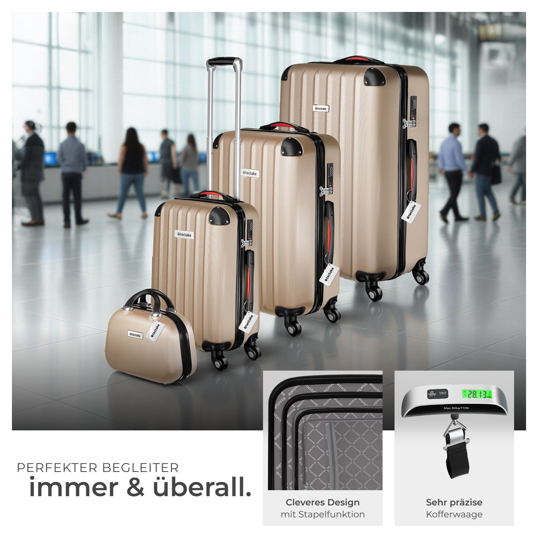 tectake Trolley Hartschalenkoffer-Set 9-teilig mit Kofferwaage und TSA-Zahlenschloss, 4 Rollen, mit Teleskopgriff, 360° drehbare, abnehmbare Rollen, abteilbar