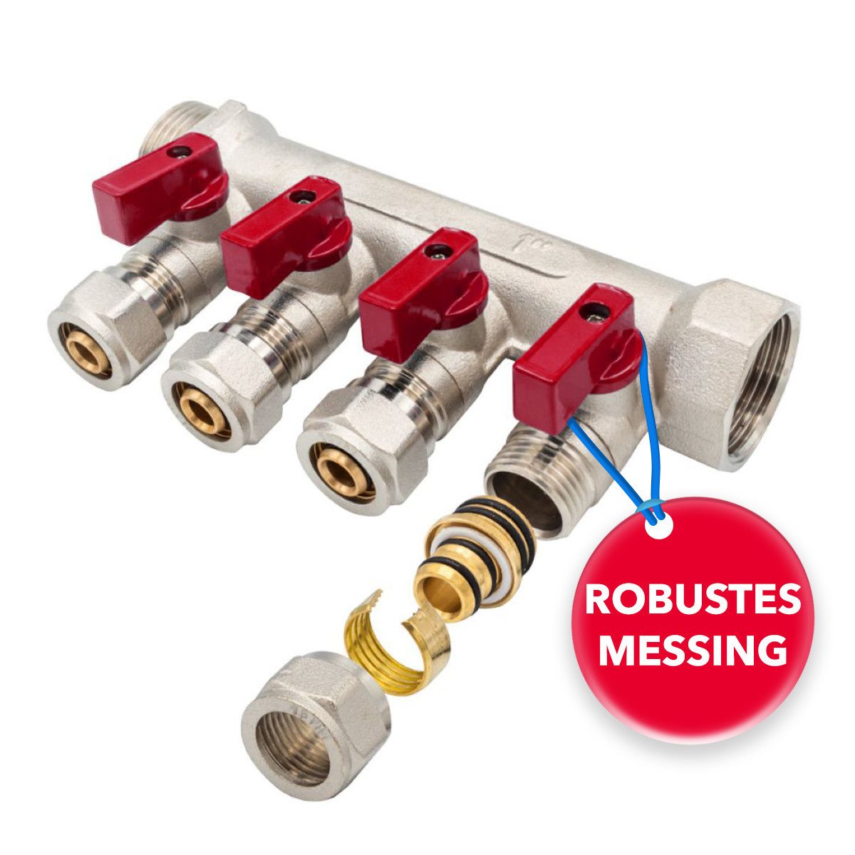 Belrad Gewindefitting Heizkreisverteiler für Heizungen BLR414, 4 Abgänge mit Kugelhahn, (einzel, 1-tlg), Eurokonus 1/2" 16 mm, 1" AG/IG, vernickeltes Messing, 35 mm Abstand