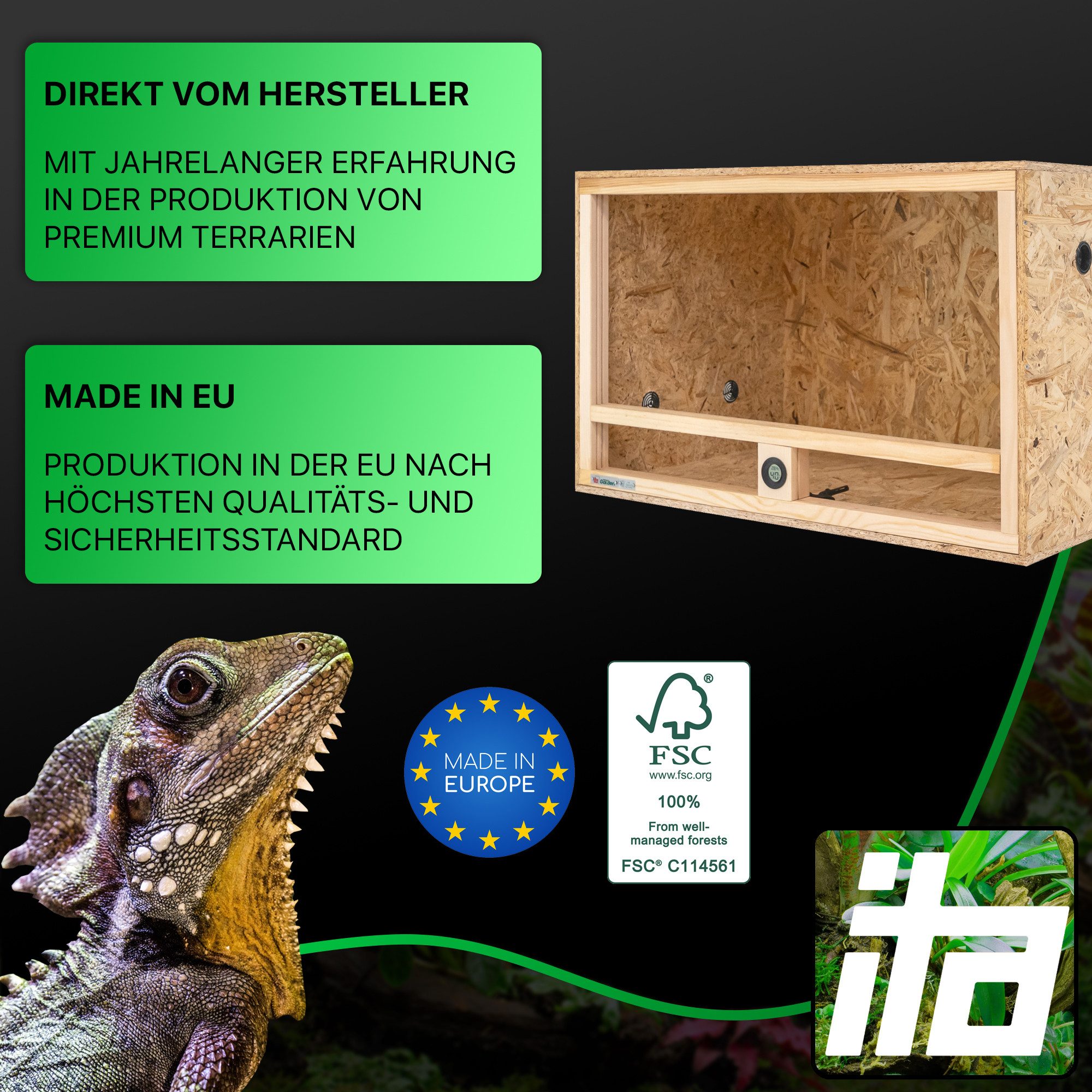 ITA Terrarium Holz Terrarium 80х50х50 mit Seitenbelüftung & Integriertem Hygrometer, Holzterrarium aus OSB - Terrarien für Reptilien, Schlangen, Amphibien