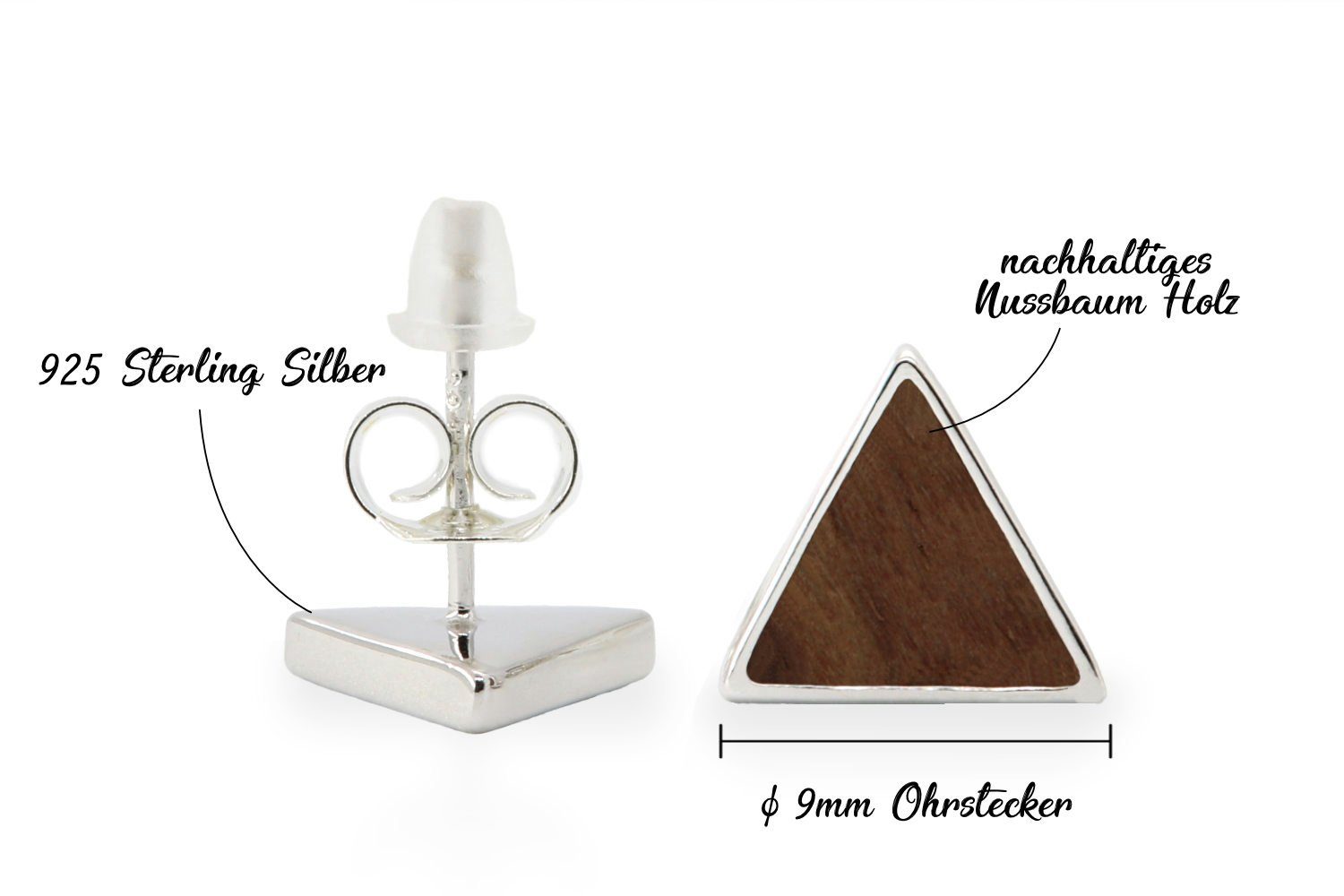 NaturSchatulle Paar Ohrstecker Triangle Light (Holzschmuck Holzohrringe, Holz Ohrringe), 925 Silber ⌀9mm Echtholz Nachhaltig Handmade in Germany