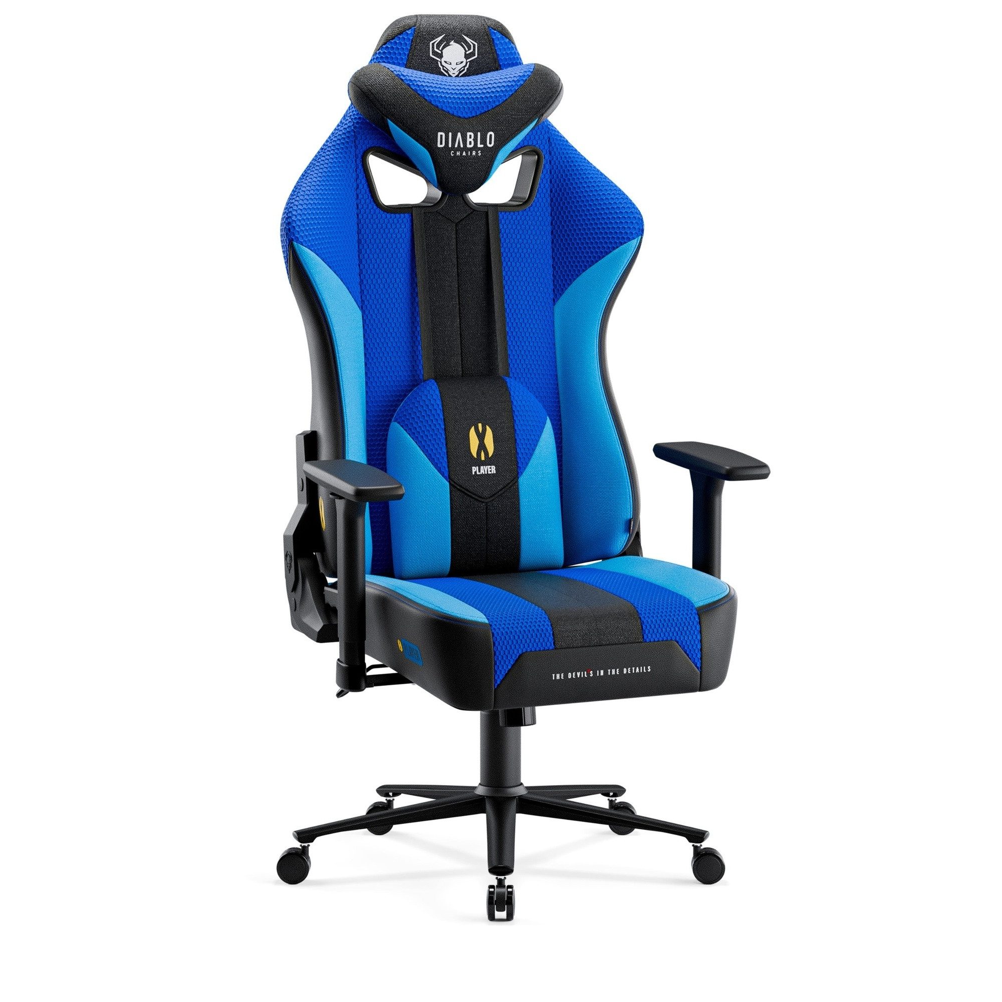 DIABLO CHAIRS Gaming-Stuhl X-Player 2.0 Stoff ergonomisch Honeycomb TiltTech 3D-Armlehnen (TiltTech System, Honeycomb, 3D-Armlehnen, 3 Größen: S/L/XL), Kopfstütze Lendenkissen Wippfunktion Metallbasis