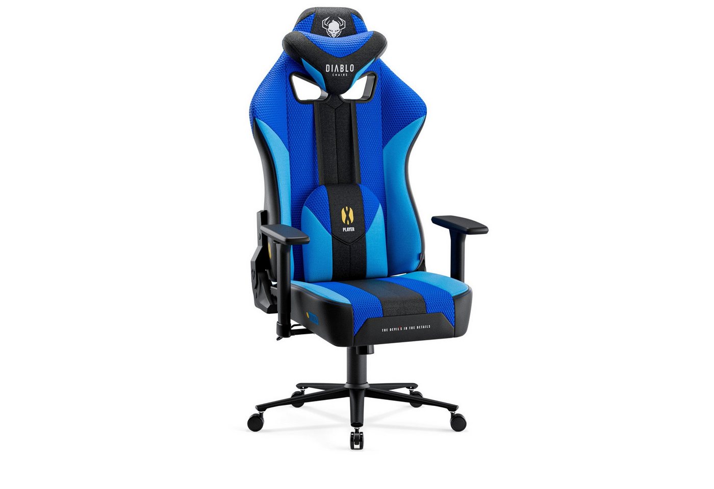 DIABLO CHAIRS Gaming-Stuhl X-Player 2.0 Stoff ergonomisch Honeycomb TiltTech 3D-Armlehnen (TiltTech System, Honeycomb, 3D-Armlehnen, 3 Größen: S/L/XL), Kopfstütze Lendenkissen Wippfunktion Metallbasis