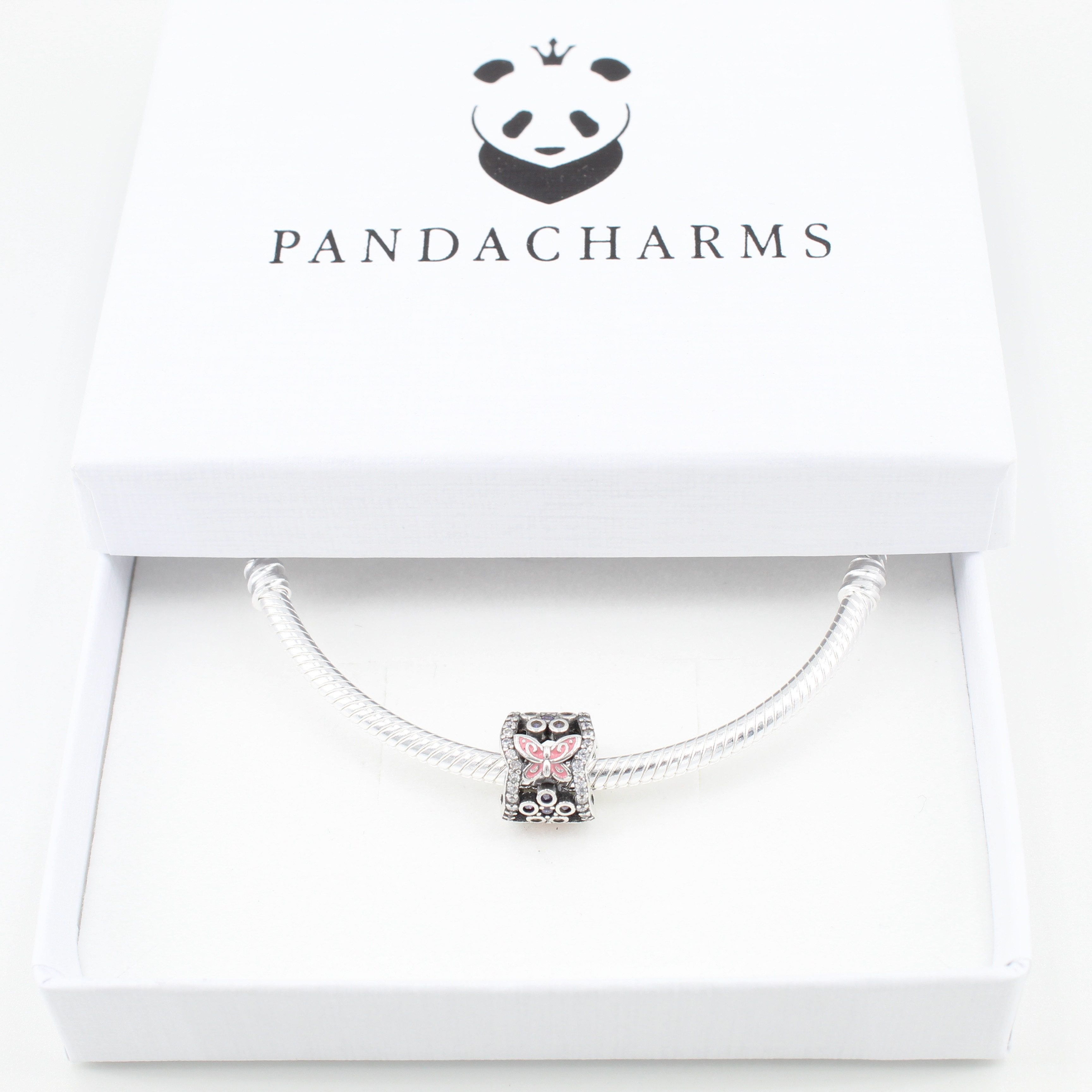 PANDACHARMS Bead Rosa Schmetterlinge und Lila Blumen Charm, 925er Silber