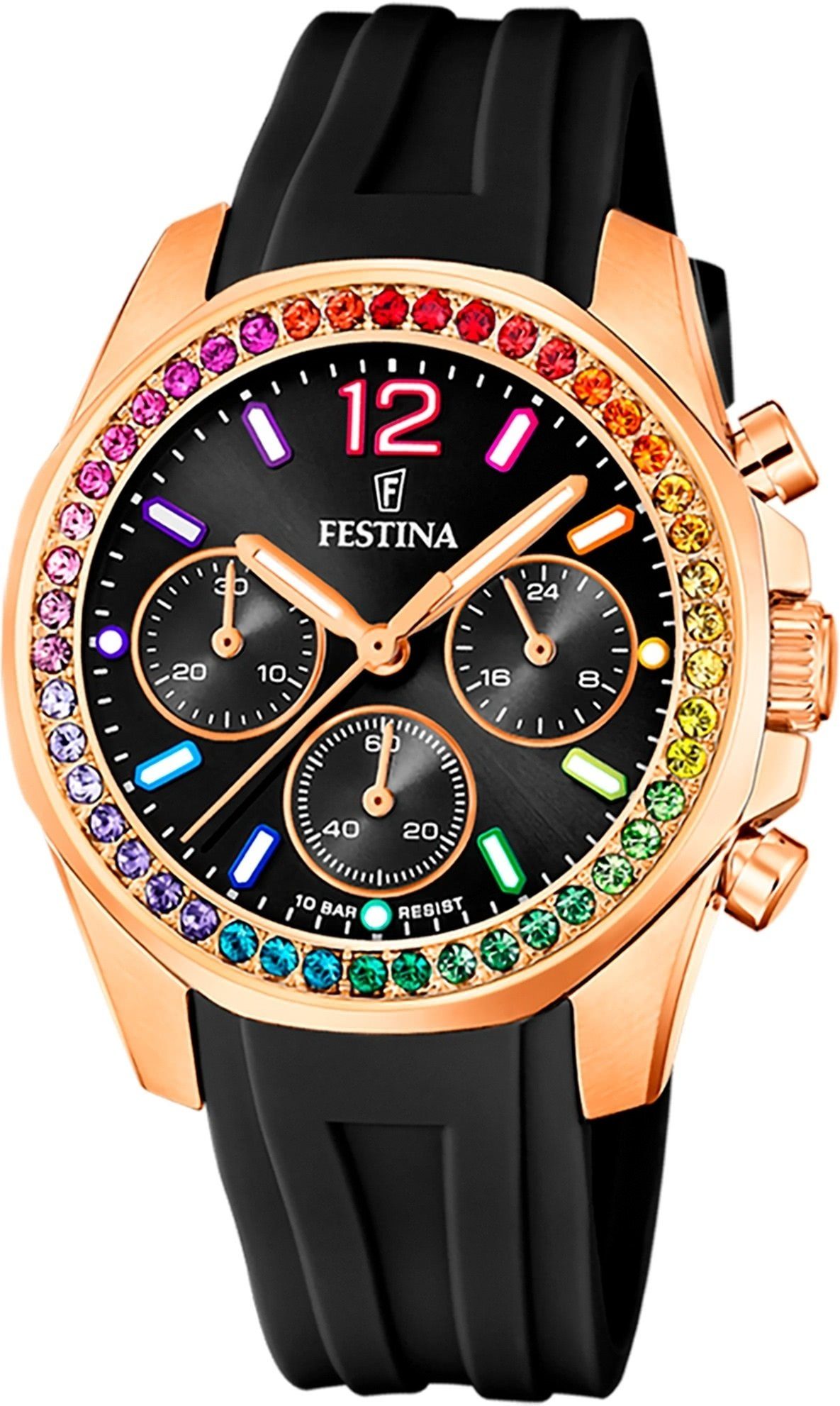Festina Quarzuhr Festina Damenuhr Boyfriend, (Analoguhr), Damen Armbanduhr rund, Silikonarmband schwarz, Casual