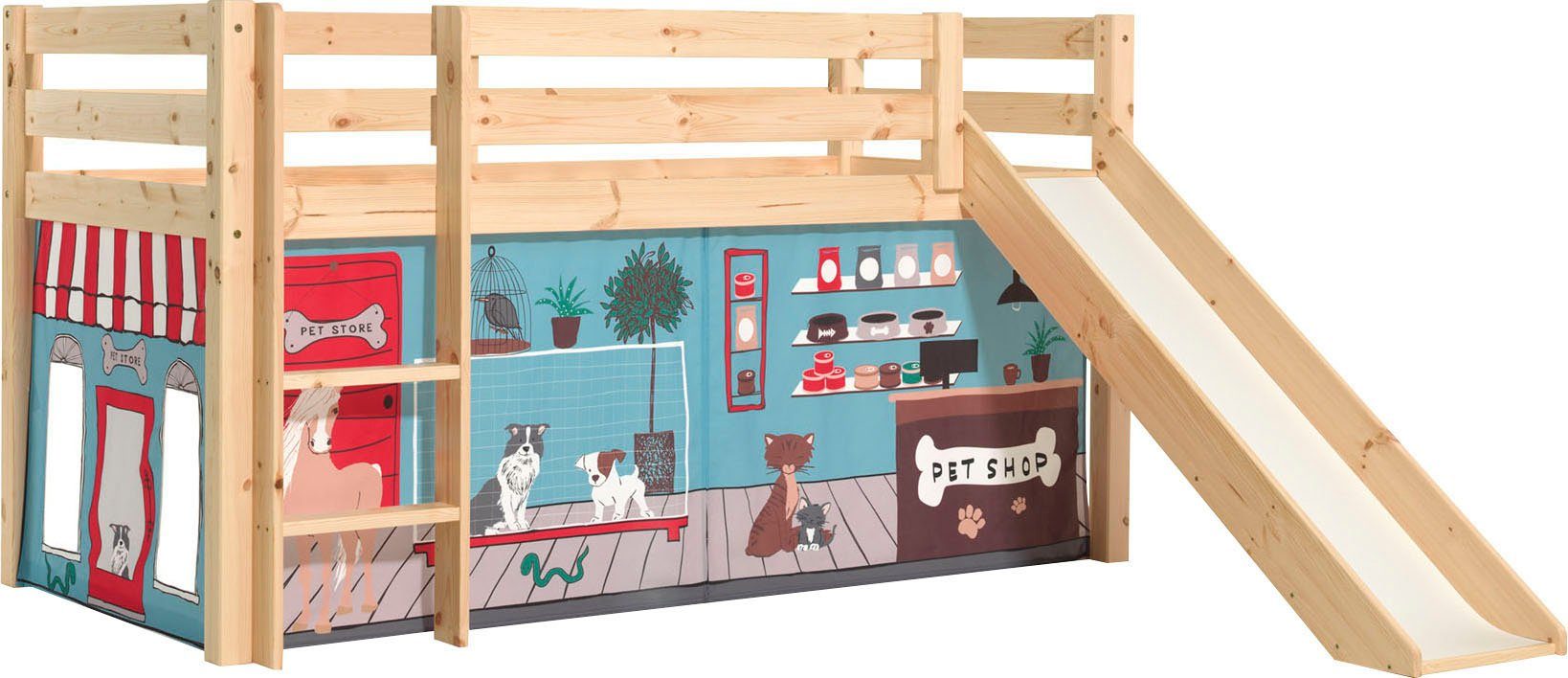 Vipack Spielbett Pino, Kiefer massiv, mit Rolllattenrost u. Textil-Set, Made in Europe (B/H/T ca. 210x114x218cm, mit Absturzschutz, Leiter und Rutsche), verschiedene Textil-Designs und Holzfarben zur Wahl