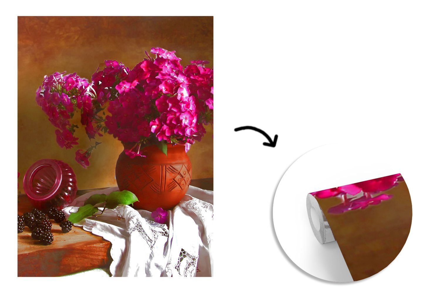 MuchoWow Fototapete Rustikal - für Wohnzimmer, Matt, Tapete Montagefertig Rosa St), - - Wandtapete Vase Stilleben, Blumen - bedruckt, Vinyl (4