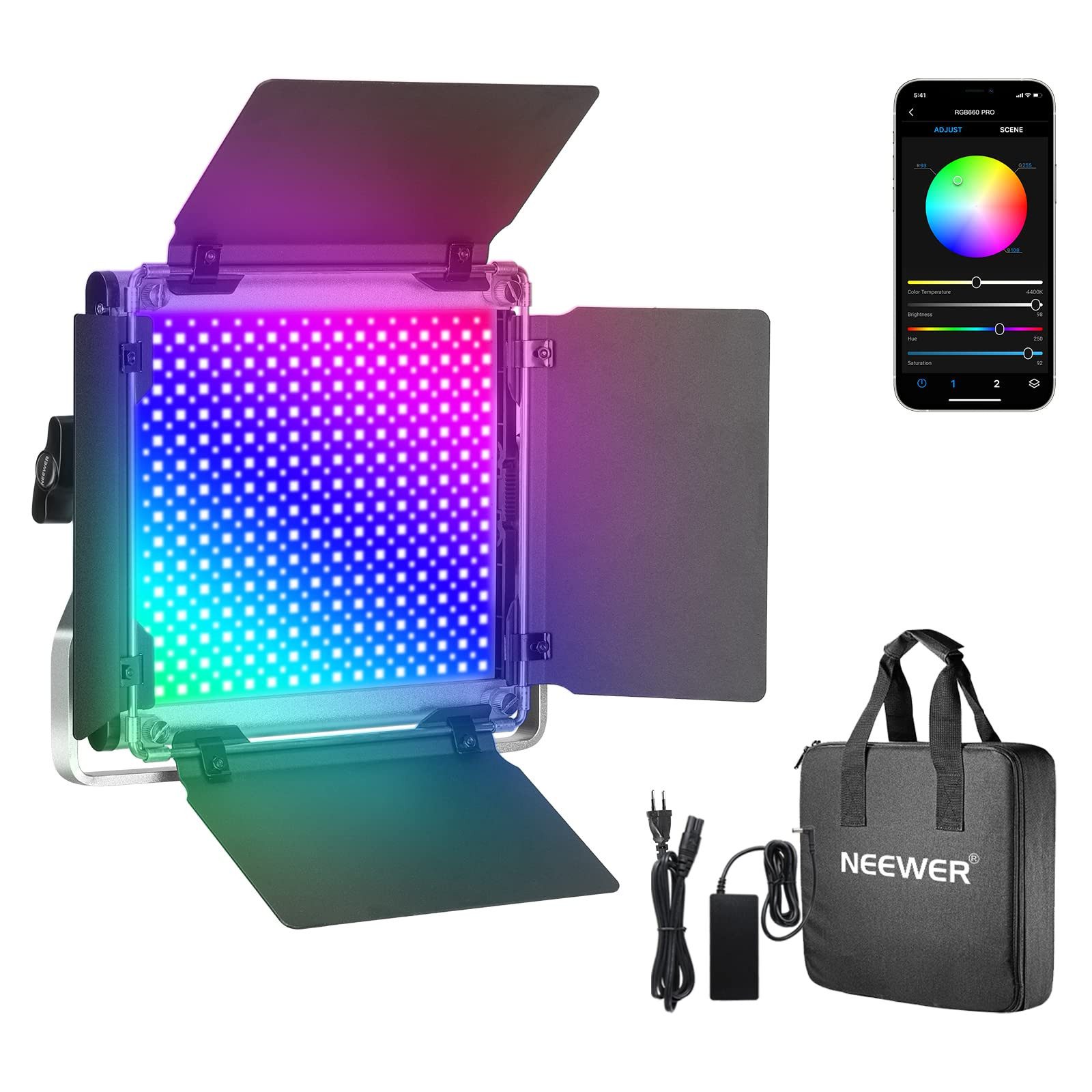 Neewer Videoleuchte 660 PRO 50W RGB LED Videoleuchte Panel, dimmbar, mit APP Steuerung, mit Barndoor/U-Halterung, 360° Vollfarbe Licht für Studio Fotografie