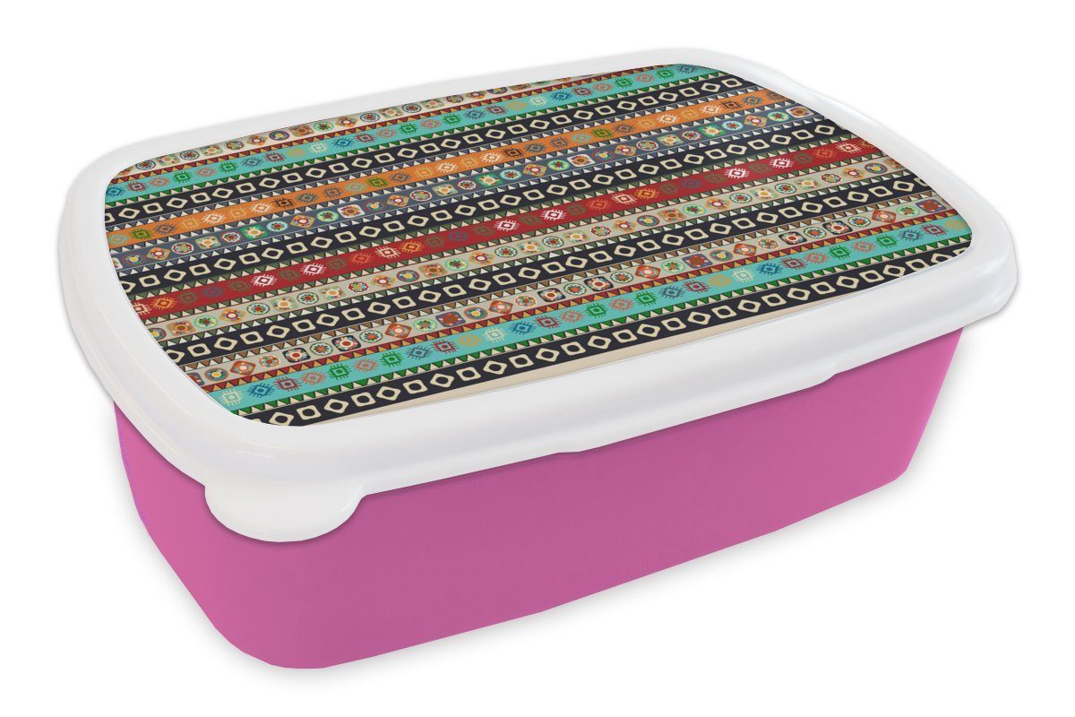 MuchoWow Lunchbox Muster - Brotdose - Symbole Azteken Kunststoff (2-tlg), Brotbox rosa für - Kinder, Regenbogen, Mädchen, Snackbox, Erwachsene, Kunststoff