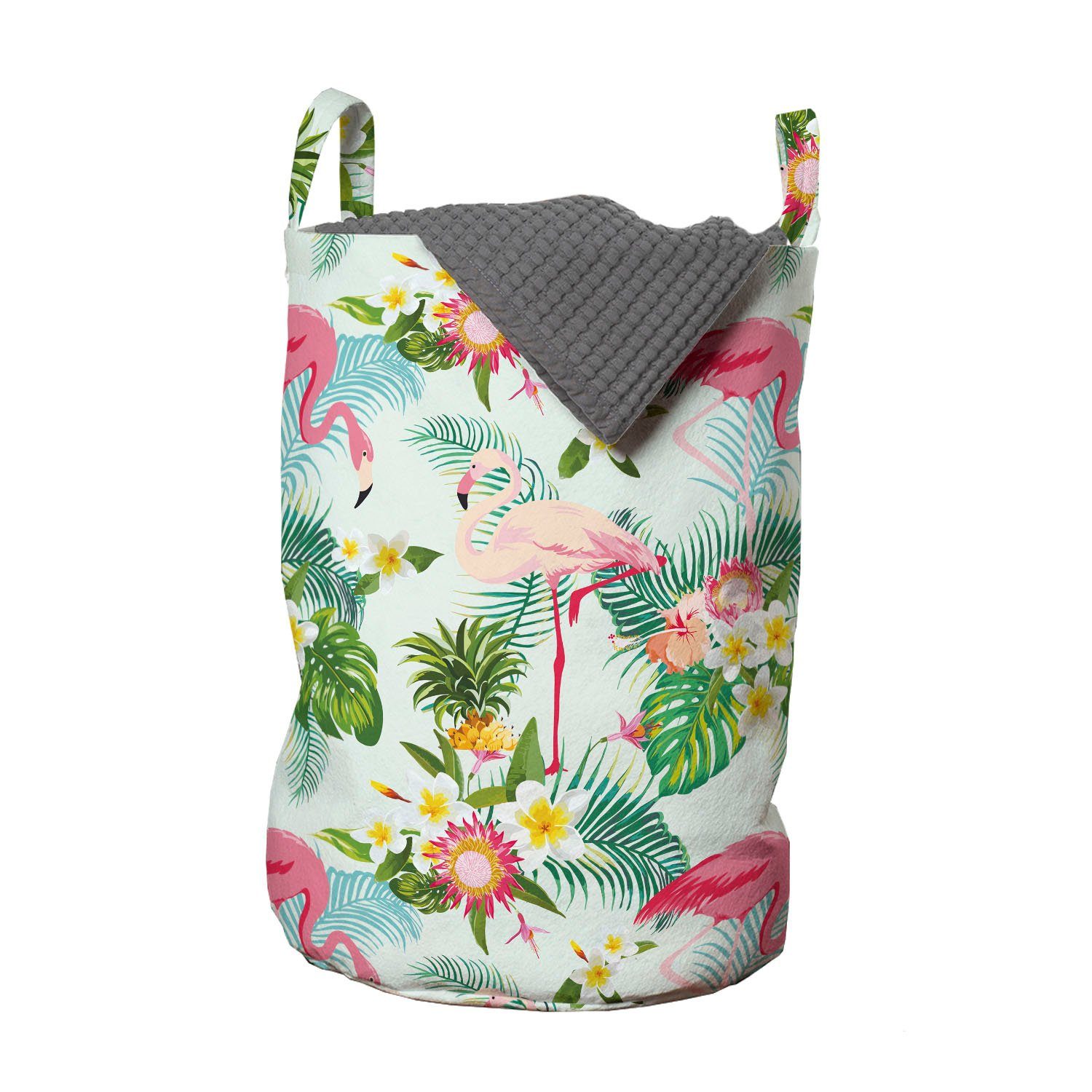 Abakuhaus Wäschesäckchen Wäschekorb mit Griffen Kordelzugverschluss für Waschsalons, Flamingo Frischer exotischer Dschungel
