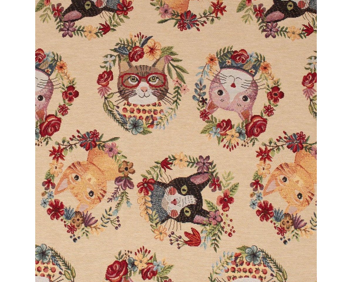 Thumbnail - SCHÖNER LEBEN. Stoff Dekostoff GobelPremium Spring Cats Katzen Blumenkranz creme bunt 1,4m, pflegeleicht