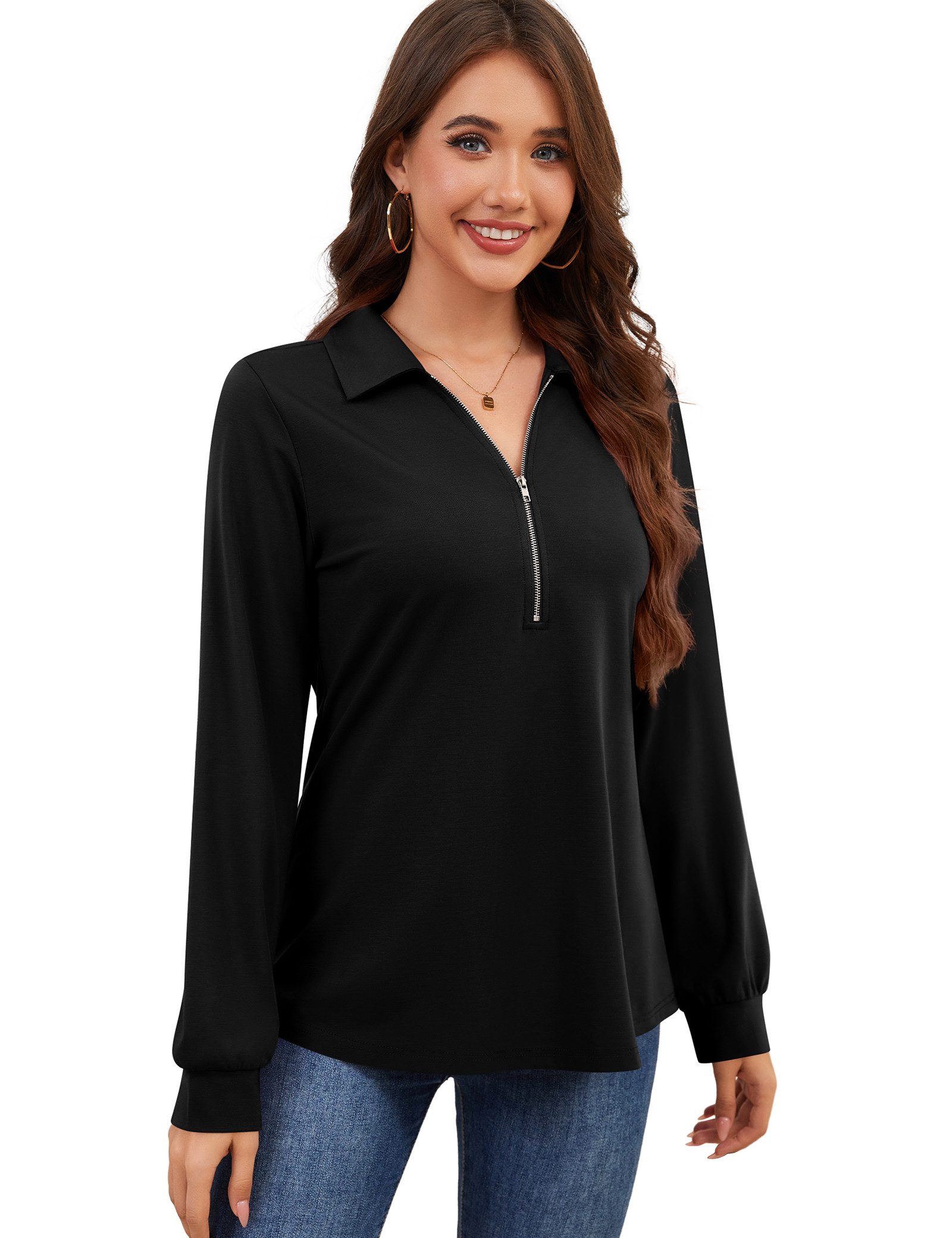 Beluring Langarmshirt Damen Langarmshirt mit V-Ausschnitt & Reißverschluss, günstig online kaufen