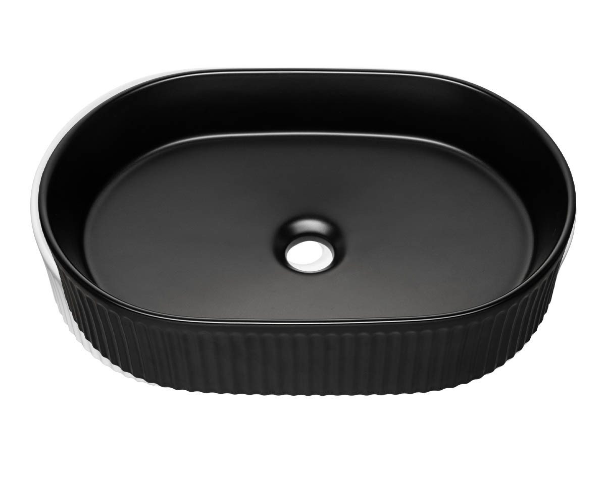 Thumbnail - einfachgutemoebel Waschtisch-Set Aufsatz-Waschbecken RIFF 48cm, Keramik geriffelt, schwarz, (Waschbecken, 1-St., Waschbe...