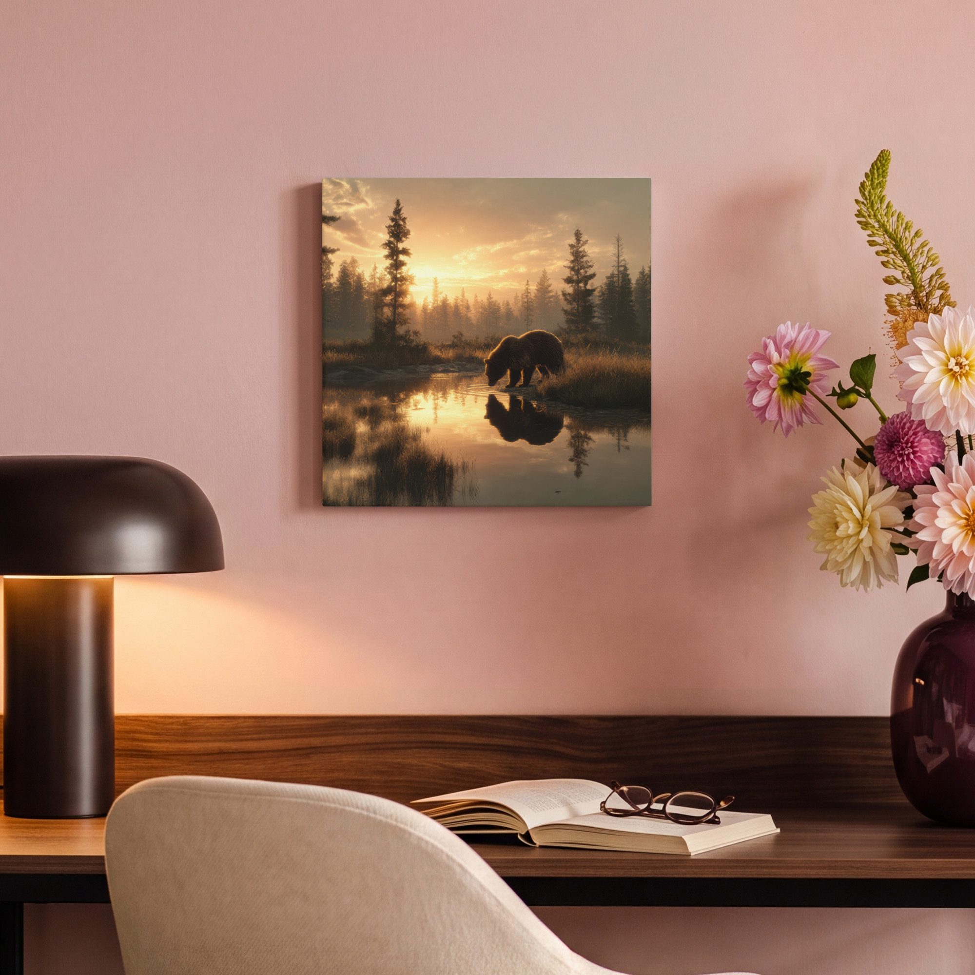 OneMillionCanvasses® Leinwandbild Bär - Wasser - Wald - Morgenlicht, Fotodruck (1 St), Leinwand Canvas Wandbild, Wanddekoration 20x30 cm – Bild 4 von 5
