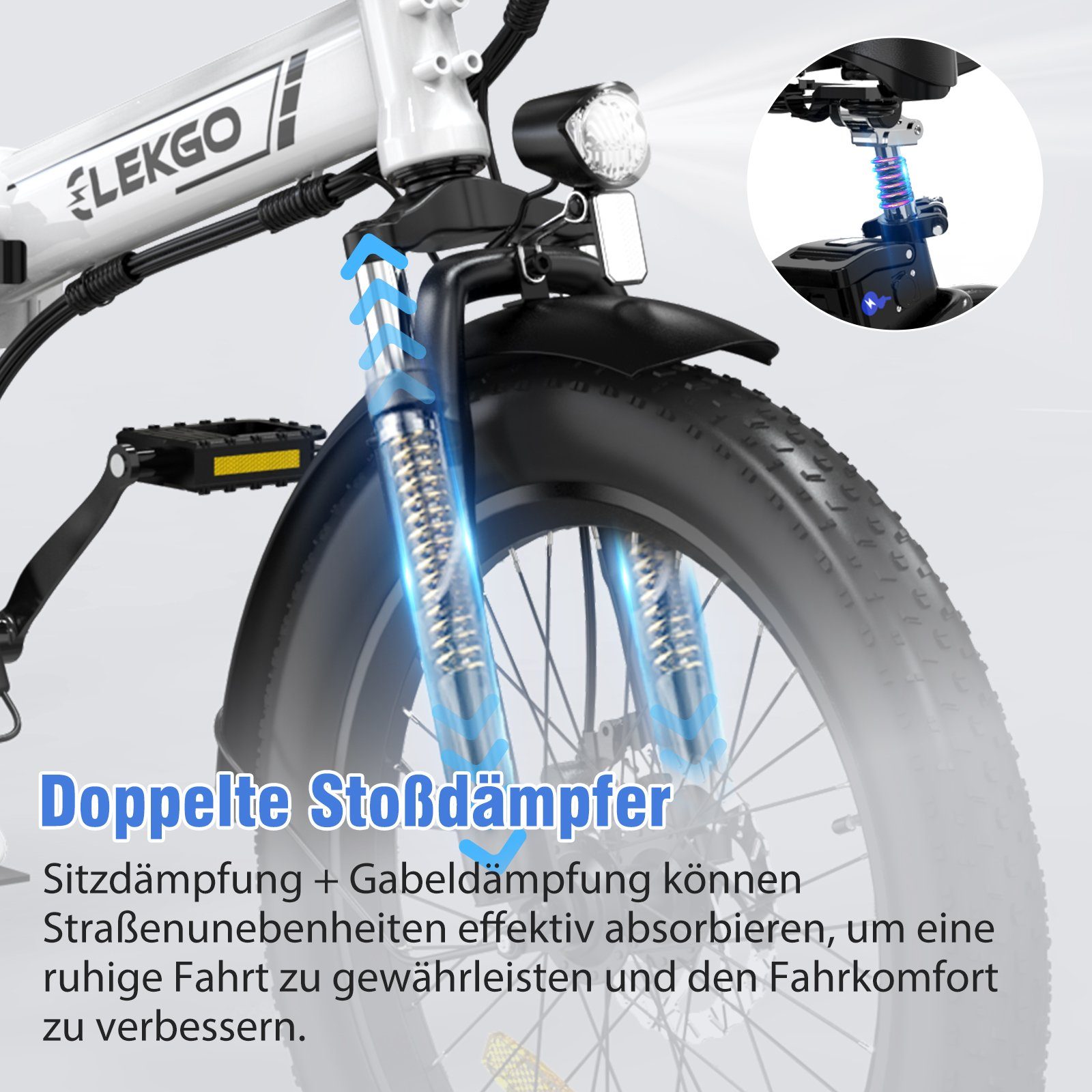 20" E-Bike Heckmotor Weiß mit Gang, Akku, 35-90km, ELEKGO 36V/12Ah Mountainbike 7 3,0 Elektrofahrrad bis 250W