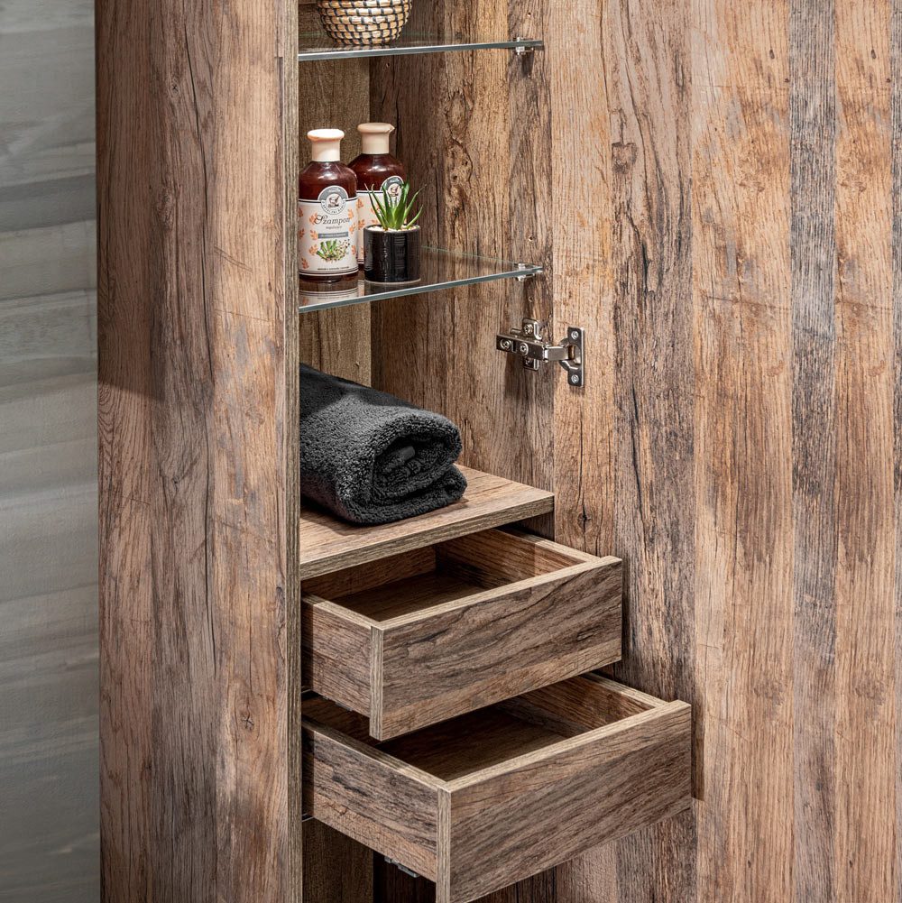 Lomadox Hochschrank PUEBLA-56 Badmöbel Vintage Oak Eiche, 2 Türen, B/H/T: 3 günstig online kaufen