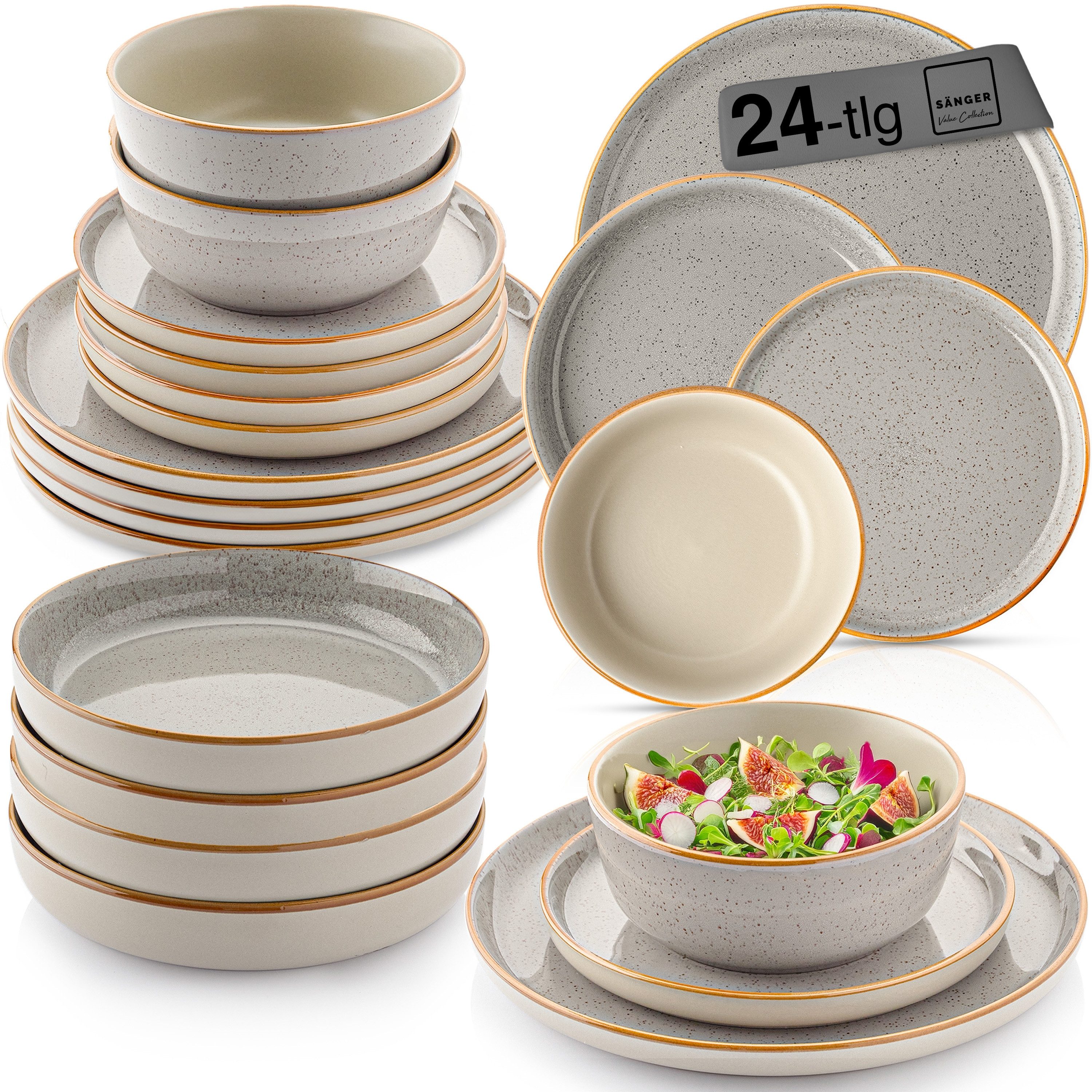 SÄNGER Tafelservice Rio Geschirrset (24-tlg), 6 Personen, Steingut, Handmade, Perlgrau, Erweiterbar, VALUE COLLECTION