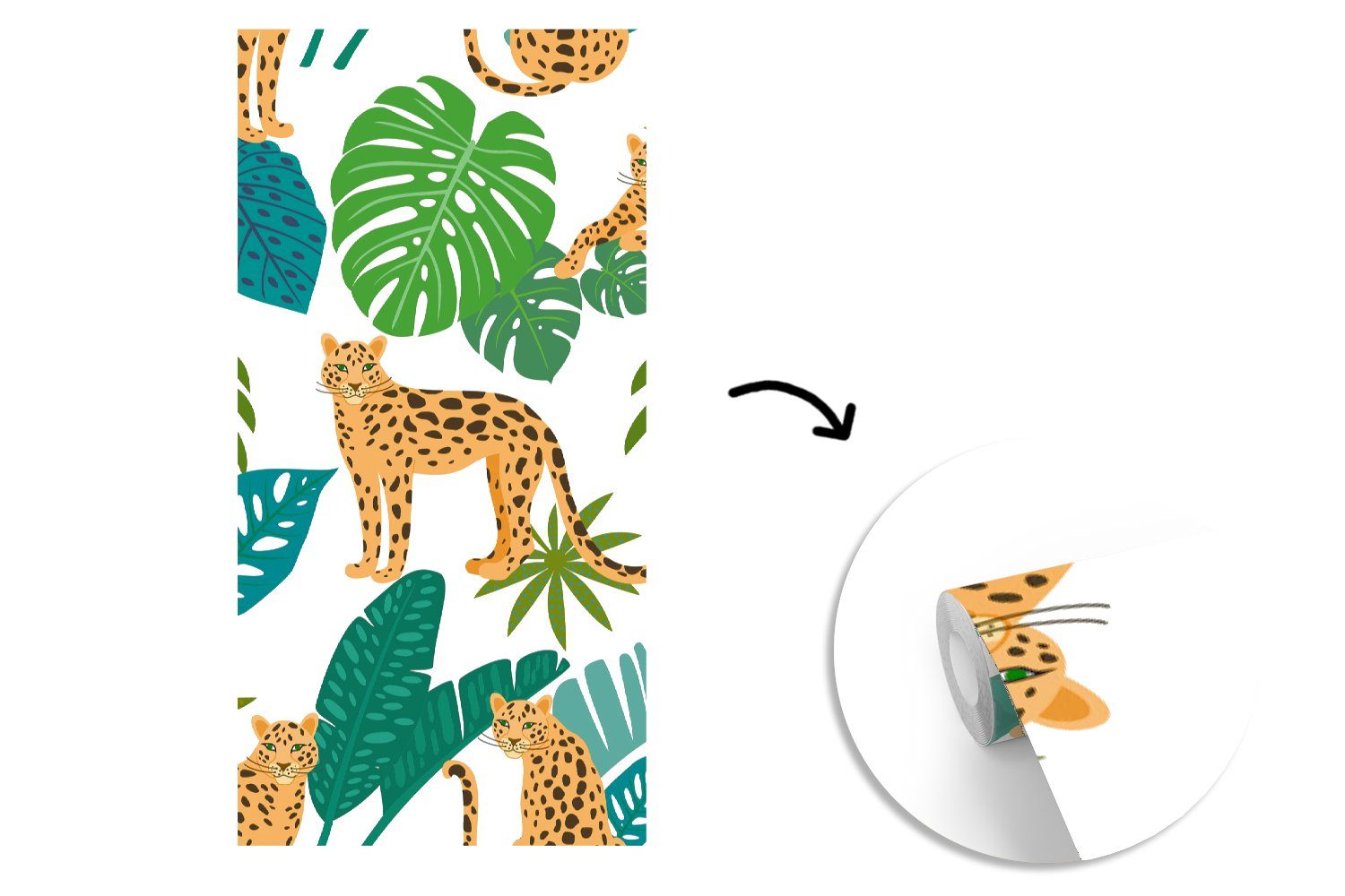 MuchoWow Fototapete Dschungel - Vliestapete Leopard Mädchen St), für Muster - Wohnzimmer - (2 Fototapete Küche, Schlafzimmer Jungen, Matt, Pflanzen - bedruckt, 