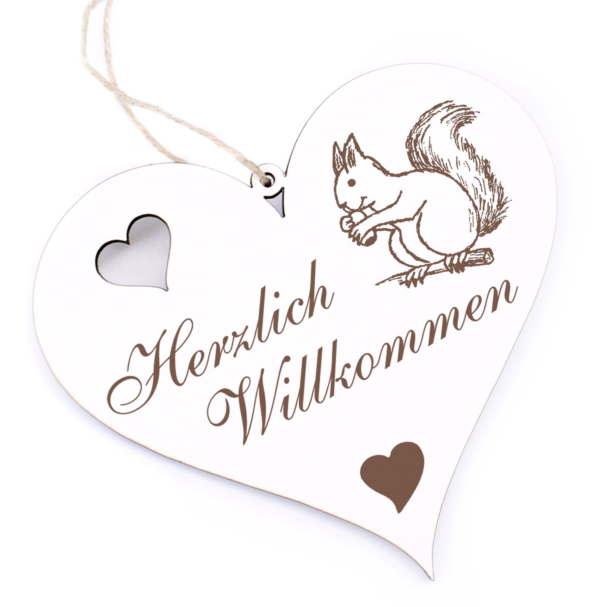 Dekolando Hängedekoration Herzlich Willkommen - Eichhörnchen mit Nuss - 13x12cm