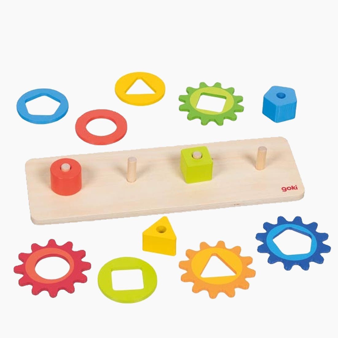 goki Lernspielzeug Sortierspiel Formen mit Zahnrädern (Packung, 12-St., 12 teiliges set), Sortieren, drehen, entdecken: Farben, Formen