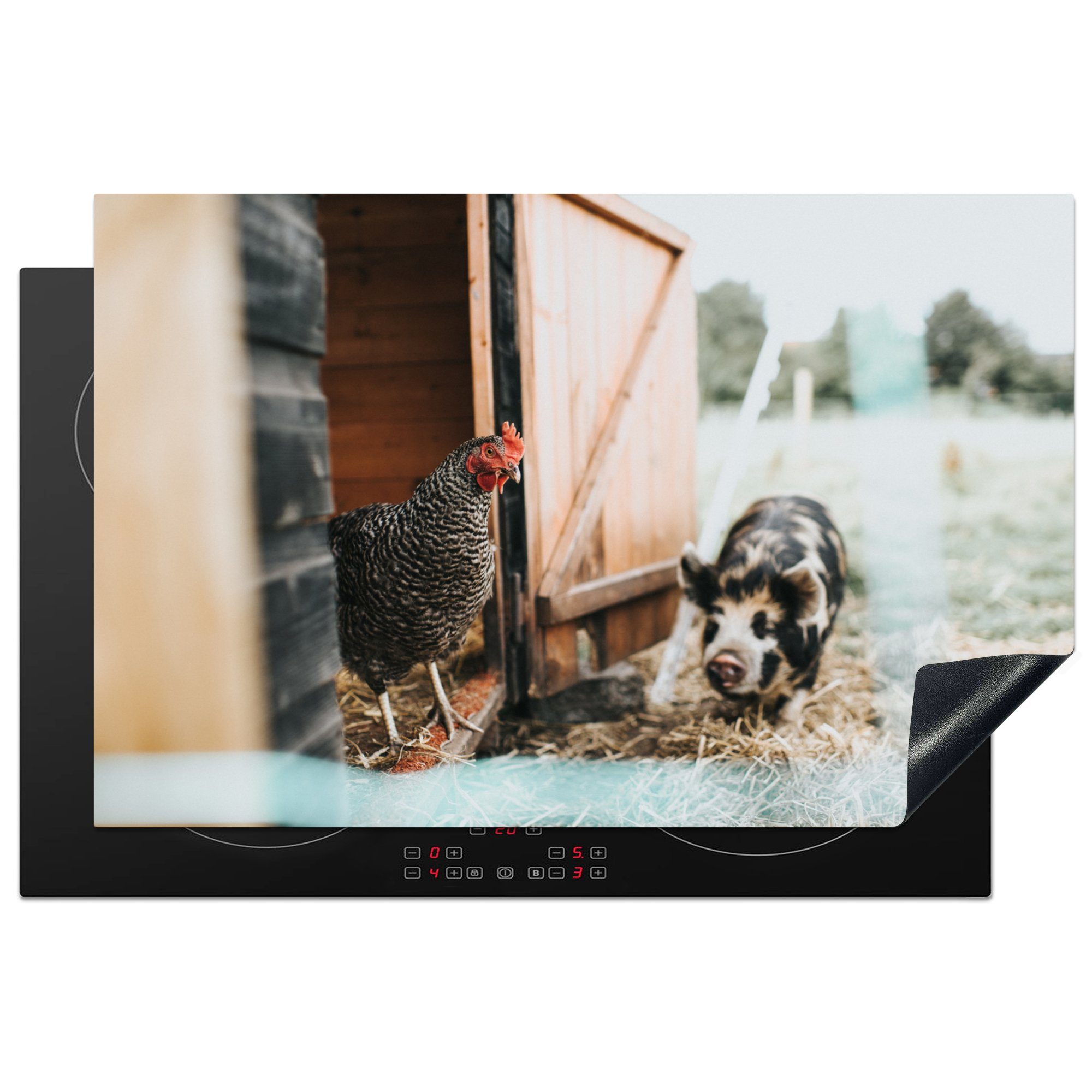 MuchoWow Herdblende-/Abdeckplatte Schwein - Huhn - Bauernhof, Vinyl, (1 tlg), 81x52 cm, Induktionskochfeld Schutz für die küche, Ceranfeldabdeckung | Herdabdeckplatten