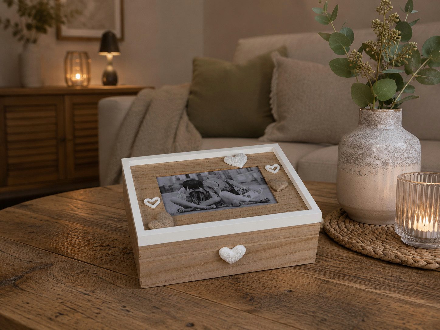 formano Dekoobjekt Holztruhe 689825 Fotorahmen Herz Weiß Natur 22 cm