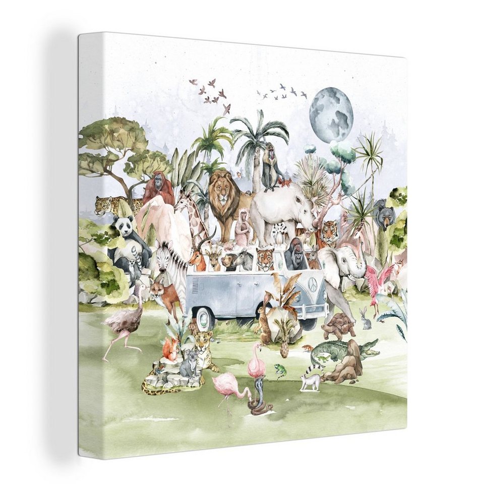 OneMillionCanvasses® Leinwandbild Dschungel - Bus - Tiere - Kinder -  Pflanzen, (1 St), Leinwand Bilder für Wohnzimmer Schlafzimmer