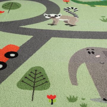 Kinderteppich Kinderteppich rutschfest Safari mit Tieren Straßenteppich grün, Teppich-Traum, rechteckig, Pflegeleicht und waschbar bei 30° (Schonwaschgang)
