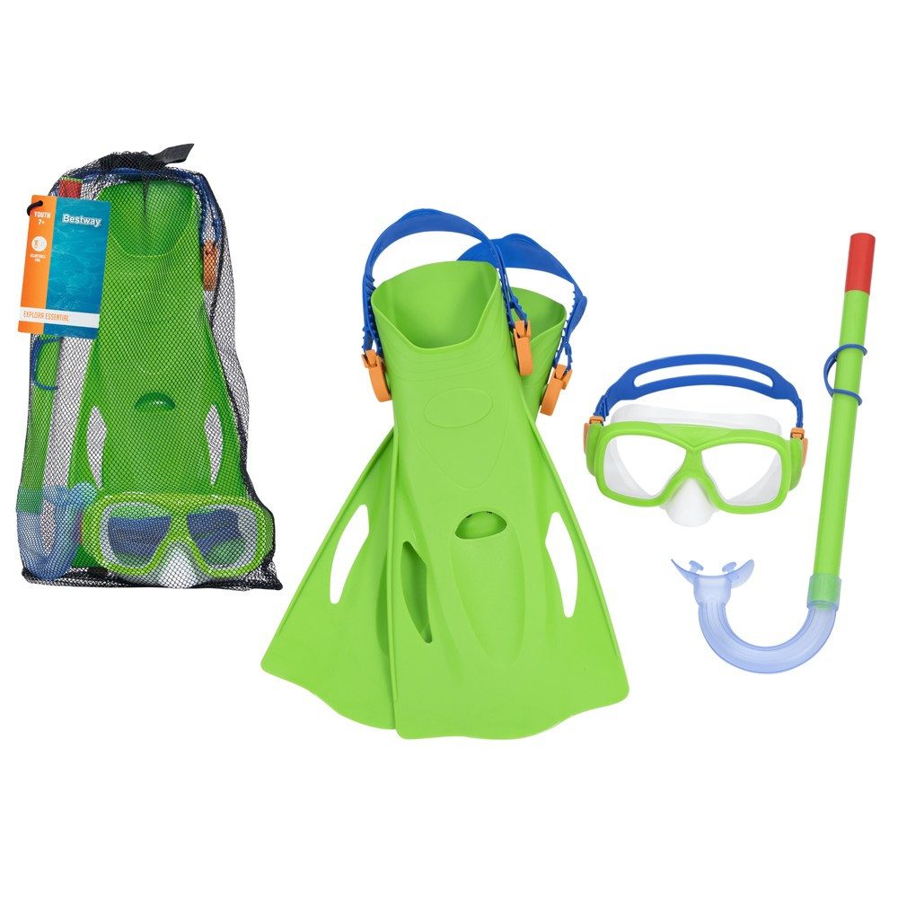 BESTWAY Tauchset Schnorchelset Taucherbrille Schwimmflossen, Gehärtetes Glas, UV-Schutz, latexfrei, Netzbeutel