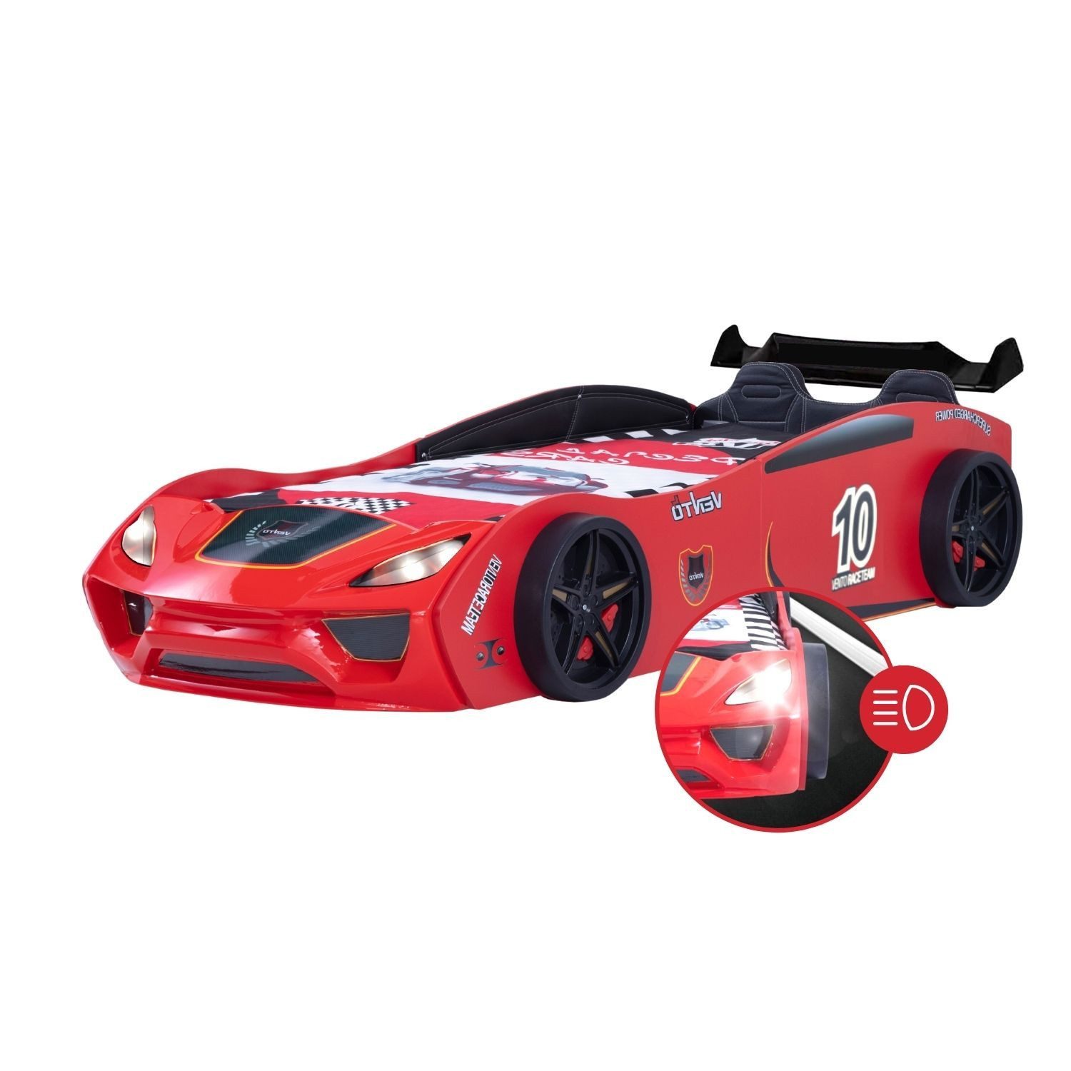Coemo Autobett DREAM RACER (Spielbett mit Spoiler), Rot Kinderbett 90x200 Sportsitz Rückenpolster, Lattenrost LED-Licht