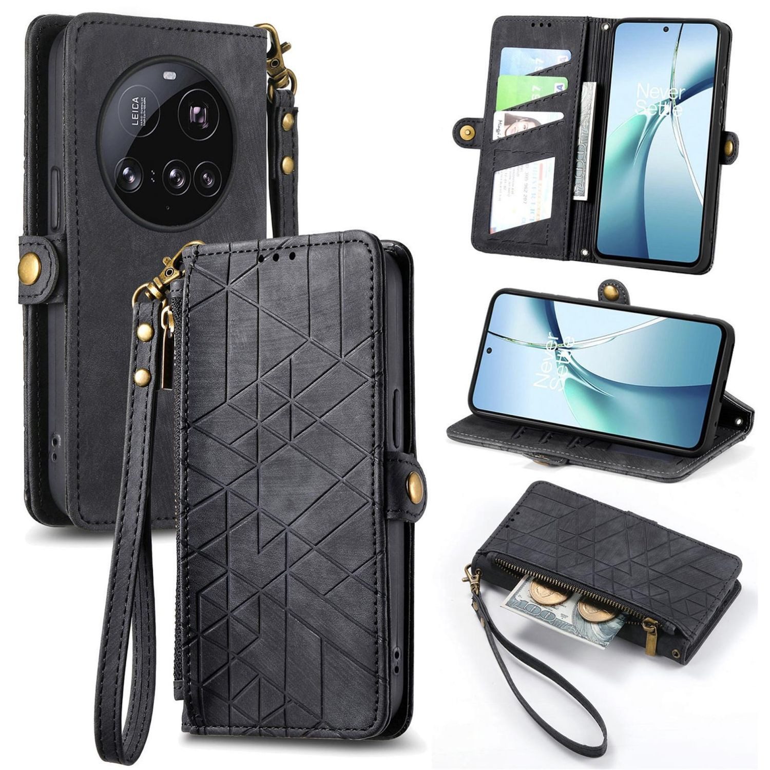 Wigento Handyhülle Für Xiaomi 15 Ultra Kunstleder Zipper Book Wallet Tasche Hülle Schwarz, Kartenfächer, Reißverschlussfach, Standfunktion